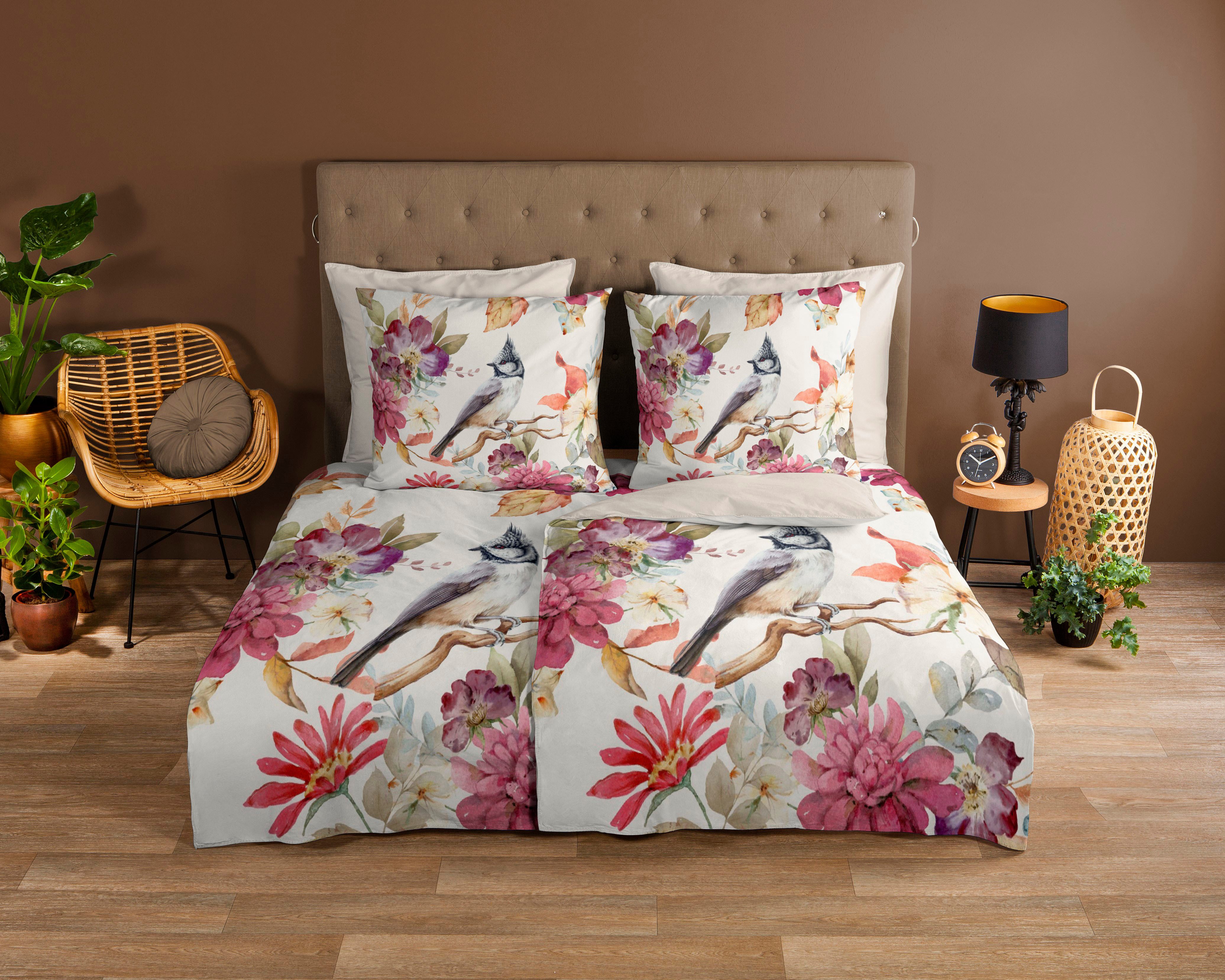 good morning Wendebettwäsche Inga, Renforcé, 2 teilig, 100% Baumwolle, 135x200, Reißverschluss, Wendeoptik, Vogel Blume, Sand