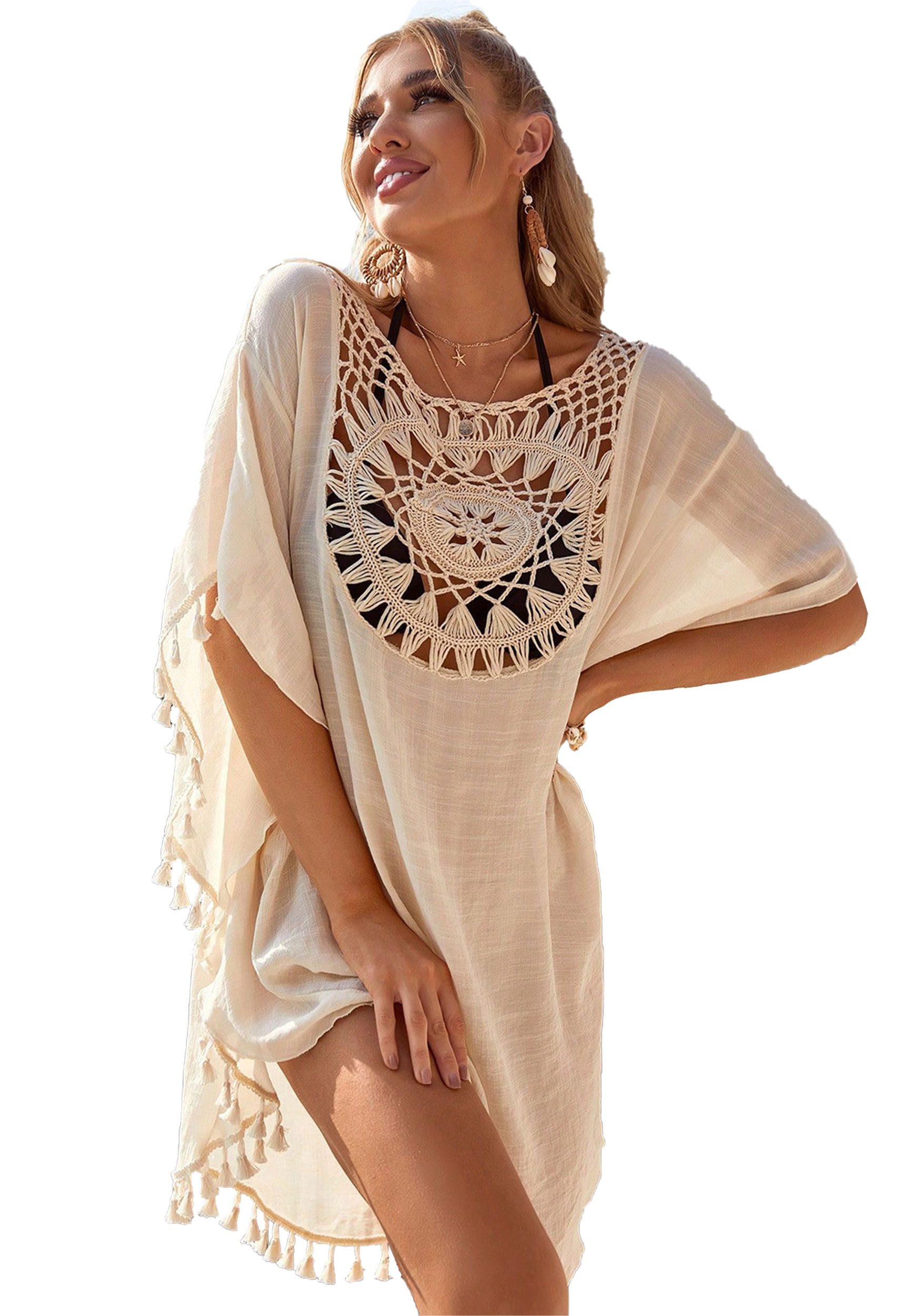 Mutig Strandkleid Damen Strandkleid, Bikini Cover Up,Boho-Stil Strandurlaub Badeanzug (aushöhlen, elegante handgefertigte Häkelarbeit mit Fransen, Sommer Strandponcho, Leichter Bikini Überwurf für Strand & Urlaub) Beste Übereinstimmung für Bikini, Shorts, Badeanzug usw