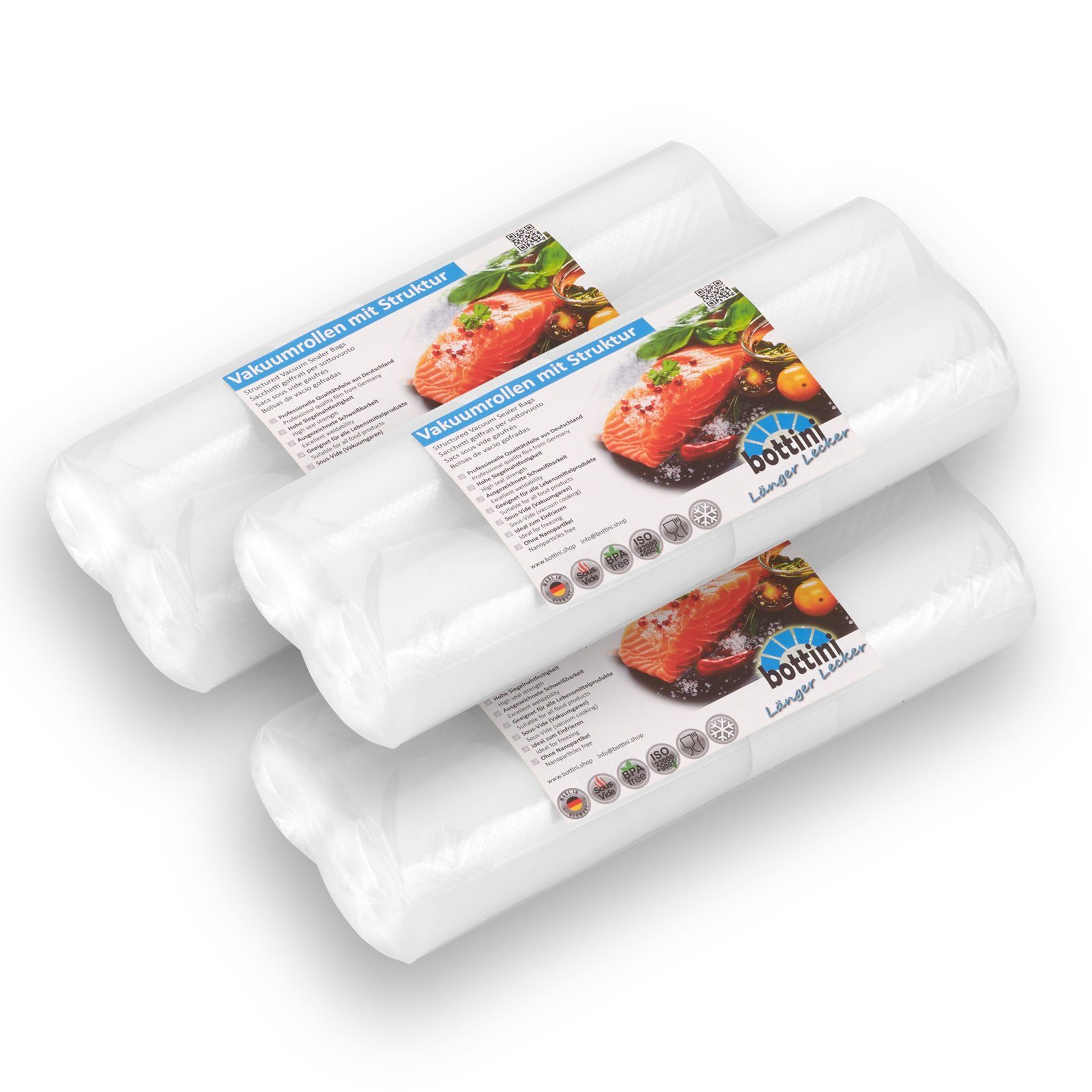 Bottini Vakuumier-Folienrollen 6 Vakuumrollen 25 x 600 cm mit Struktur, goffriert für Lebensmittel, Zubehör für Alle Balken Vakuumierer wie CASO, WMF, FreshVAC, Rommelsbacher, Gastroback, Foodsaver, Solis, Lava, Leifheit sowie alle Vakuumiergeräte von Silvercrest oder Medion uvm., Besonders durchstoßfest, 105 µm
