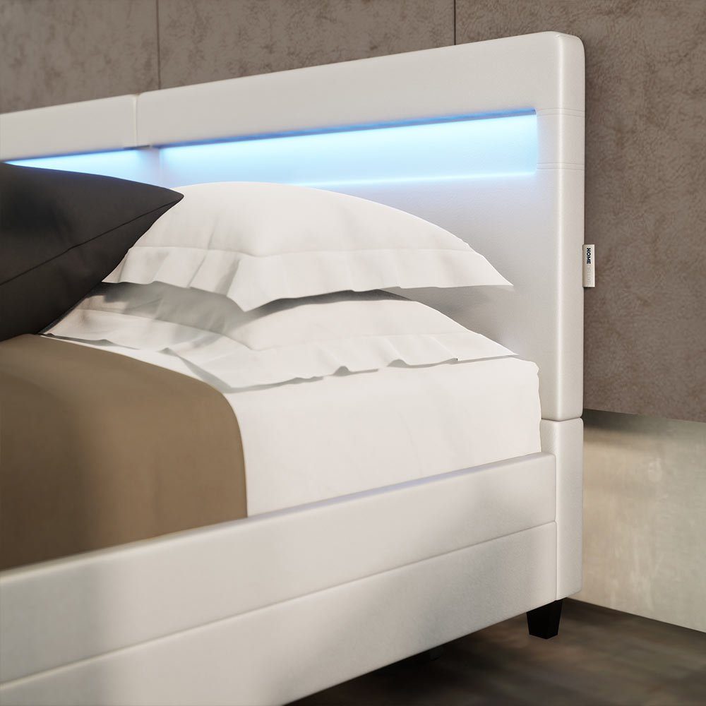 HOME DELUXE Kunstlederbett LED Bett mit Schubladen - 200 x 200 cm / 270 x 200 cm (inkl. Schubladen), gepolstertes Kopfteil, LED Beleuchtung, Familienbett, Staur – Bild 4 von 5