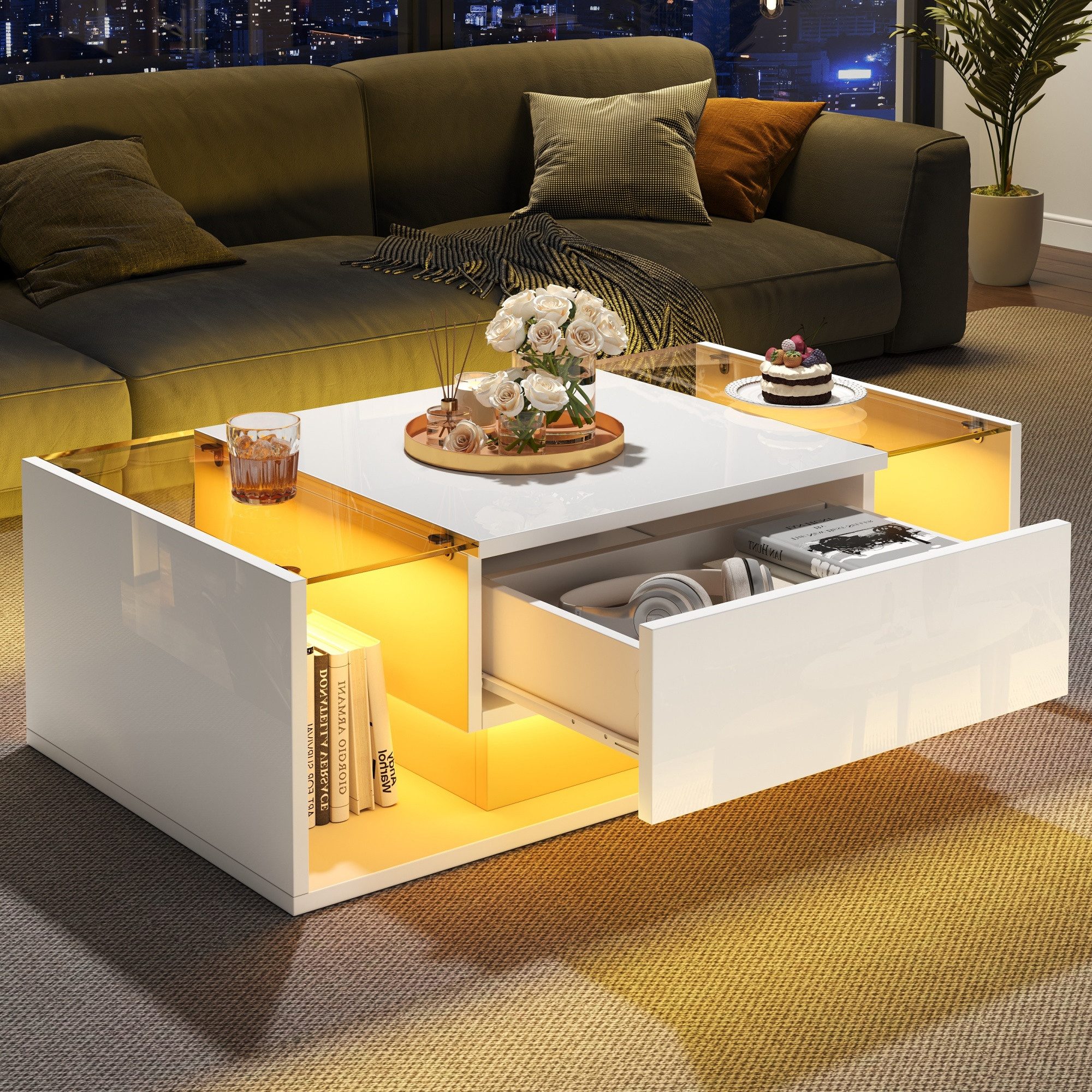 HAUSS SPOLE Couchtisch mit Glasplatte&LED,Wohnzimmertisch Hochglanz-Sofatis günstig online kaufen