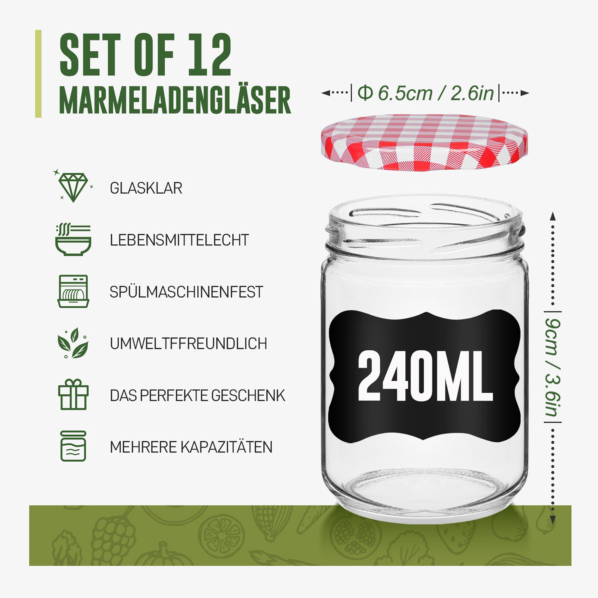 FIVMEN Einmachglas Einweckgläser mit Schraubdeckel Set 12/24 Stück, 240ml/350ml, Gläser für selbstgemachte Konfitüre, Marmelade und Bastelprojekte