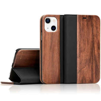 Nalia Smartphone-Hülle Apple iPhone 13 Mini, Echt Holz Klapp Hülle / Magnetverschluss / Standfunktion / Flip Case