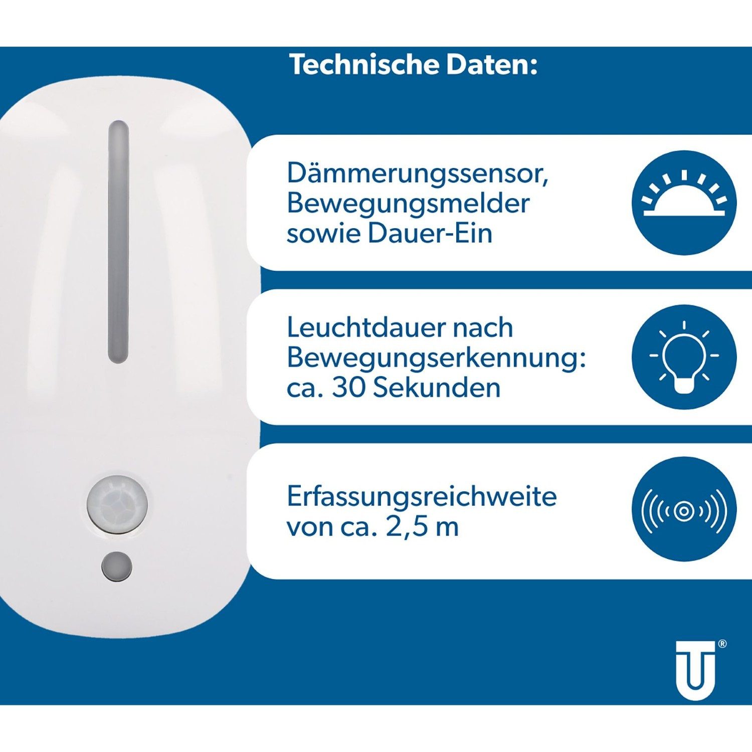 UNITEC LED Nachtlicht LED Nachtlicht Licht Steckdose Stecker Sensor, LED Leuchte Lampe mit Bewegungsmelder + Dämmerungssensor Nachtlampe