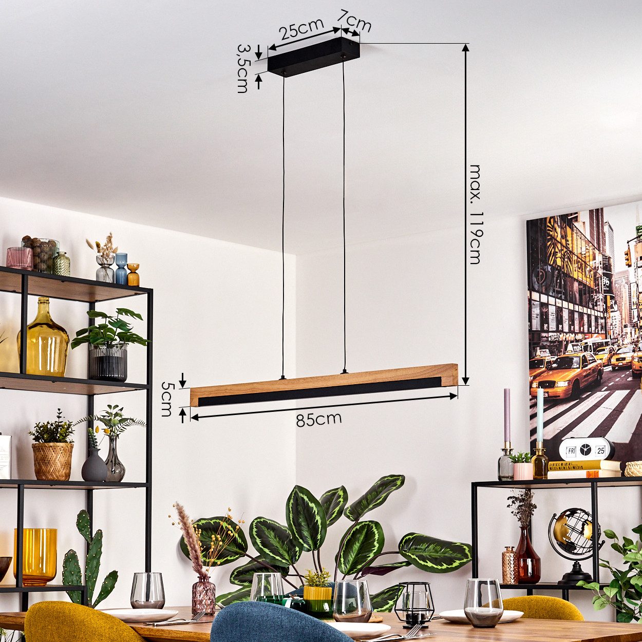 hofstein Hängeleuchte Hängelampe aus Metall/Holz/Kunststoff in Schwarz/Natur/Weiß, LED wechselbar, 3000 Kelvin, skandinavisches Design, Höhe max. 119cm, 24 W, 2 – Bild 4 von 5