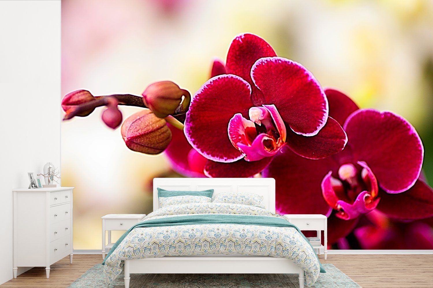 MuchoWow Fototapete Nahaufnahme von roten Orchideen vor einem unscharfen Hintergrund, Matt, bedruckt, (6 St), Wallpaper für Wohnzimmer, Schlafzimmer, Kinderzimmer, Vinyl Tapete