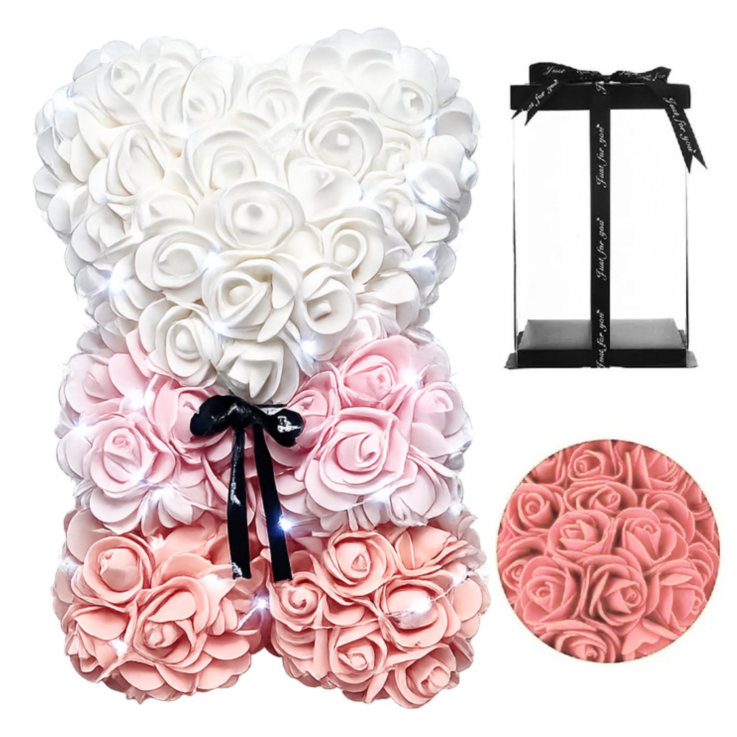AMORE MIO LED Dekoobjekt Rosenbär mit LED Licht 25 cm Teddy aus Rosen Geschenk Valentinstag Box, LED fest integriert, Mit LED Licht Rosenoptik Geschenkbox dekorativ für besondere Anlässe
