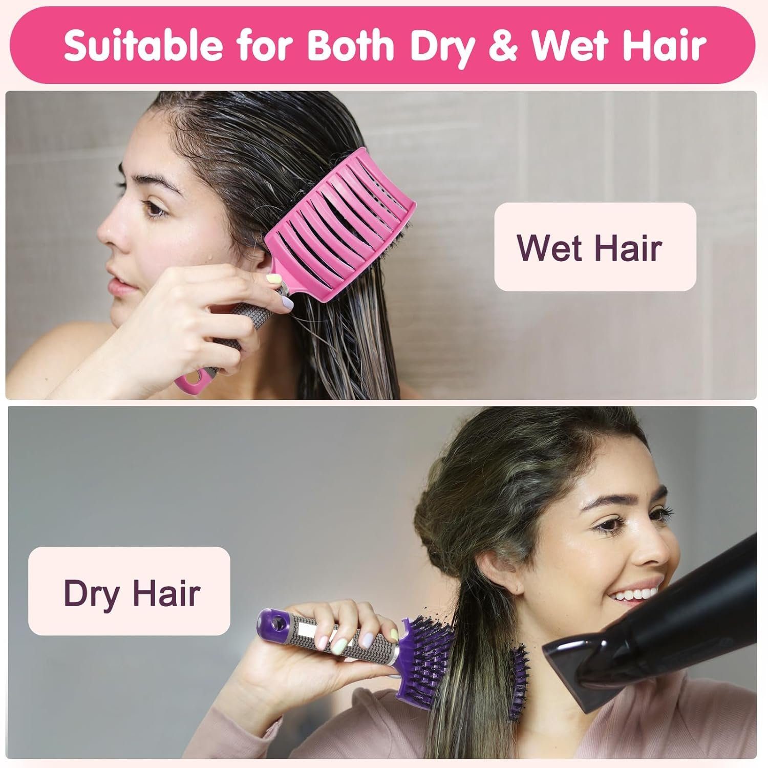 XDeer Haarbürsten-Set 2x Haarbürste ohne Rosa+lila Wildschweinborsten, Klammer belüftete und mit 4 mit Entwirrbürste gebogene Haar Ziepen Haarbürste