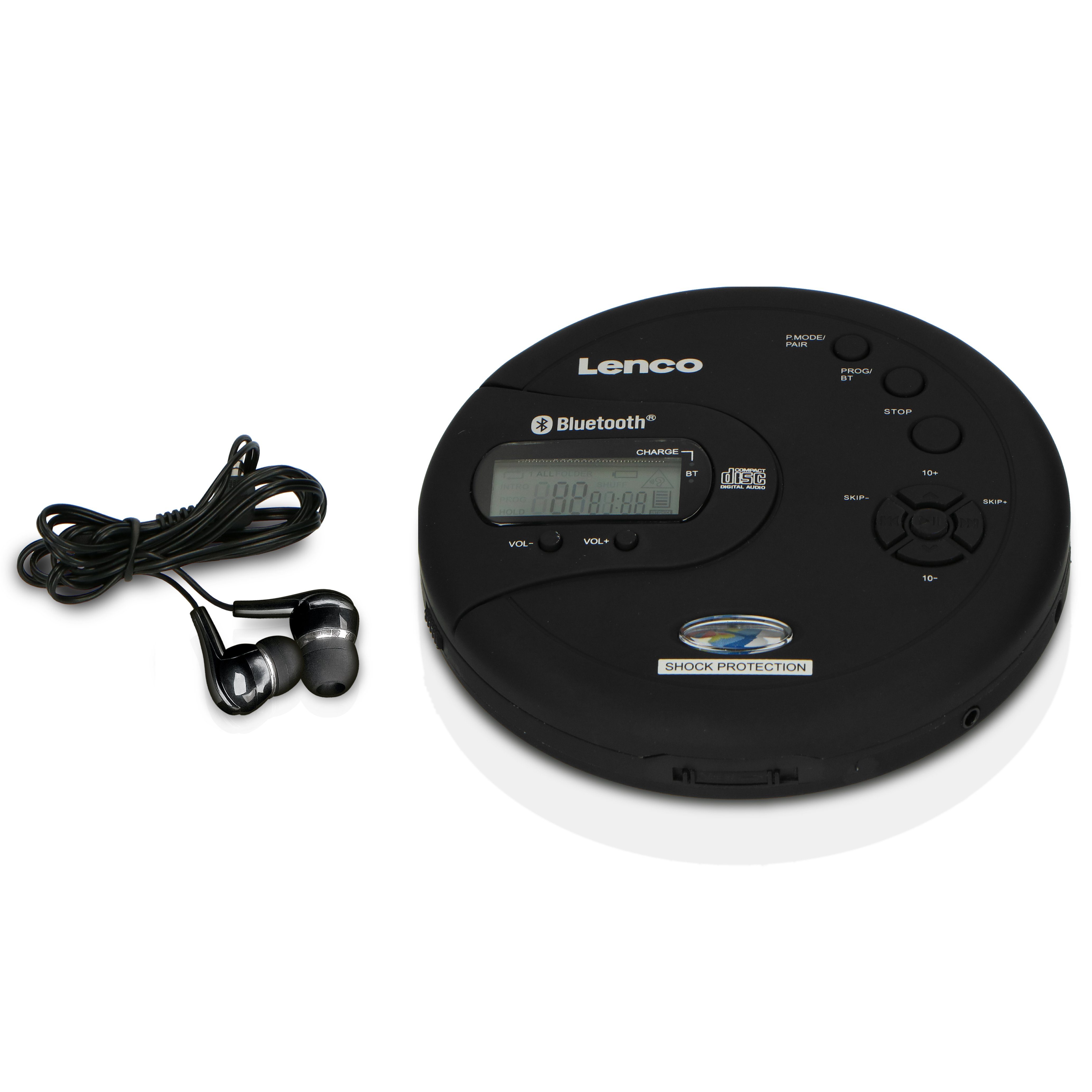 Lenco CD-300BK CD-Player (HD-Auflösung, Bluetooth, Anti-Shock, Bluetooth, LCD, inkl. 2x 2000mAh -Batterien & Kopfhörer)