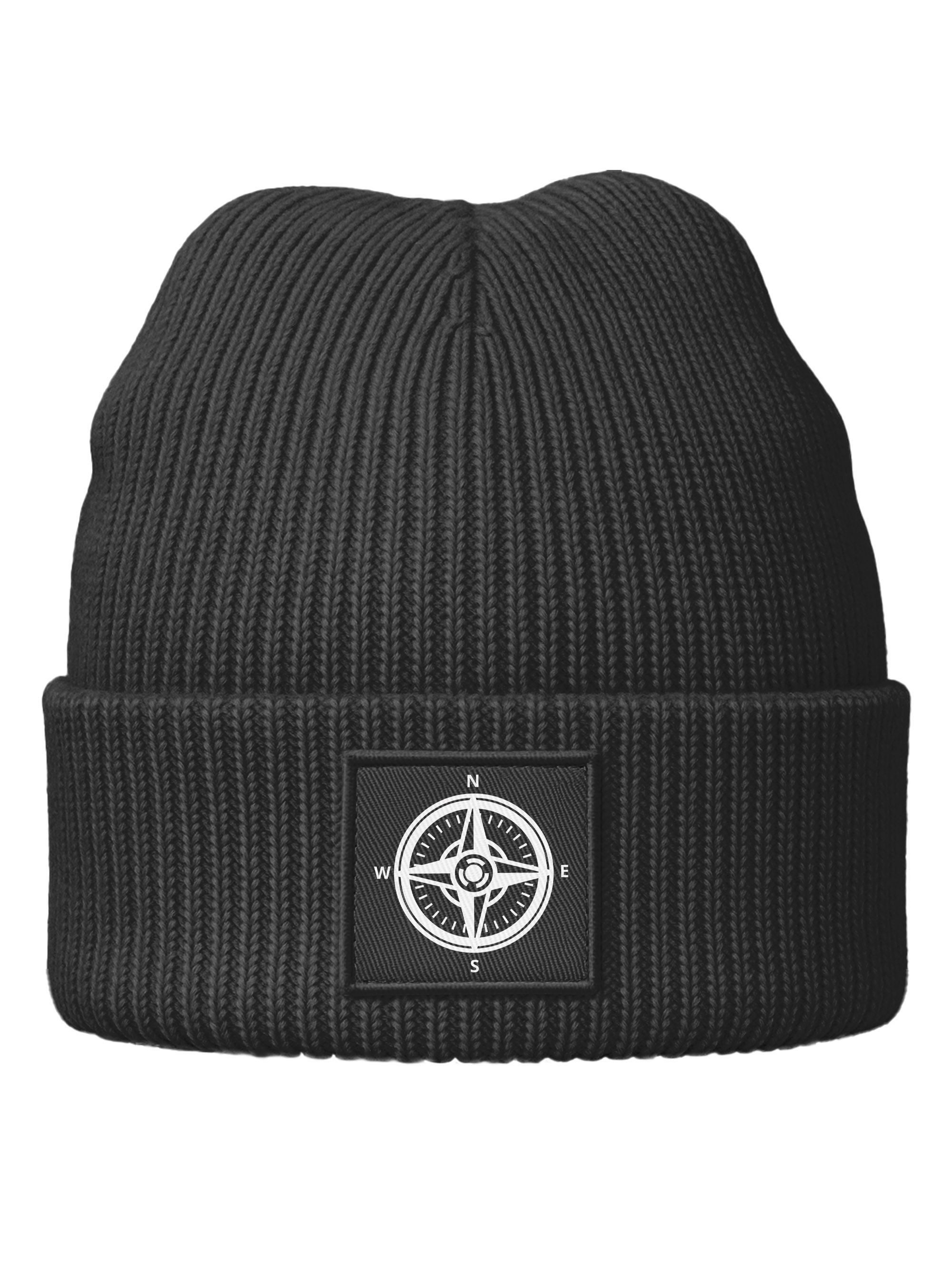 Strickmütze Damen Beanie Patch Kompass-Logo Aufdruck Outdoor Print Wintermütze