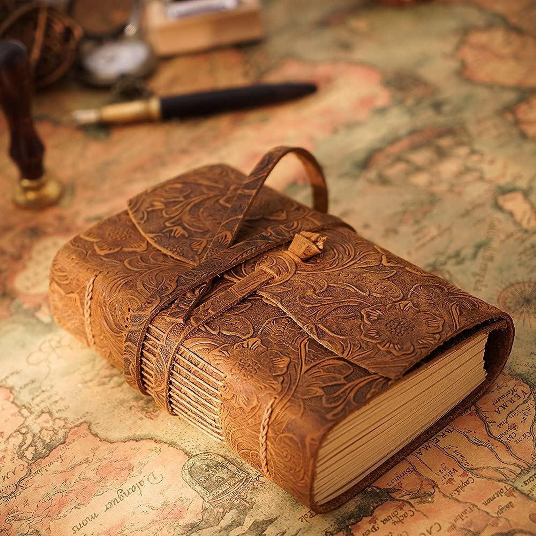 FELIXLEO Verbundrohr Vintage Leder Journal 400 Seiten, Reisetagebuch mit Lederband