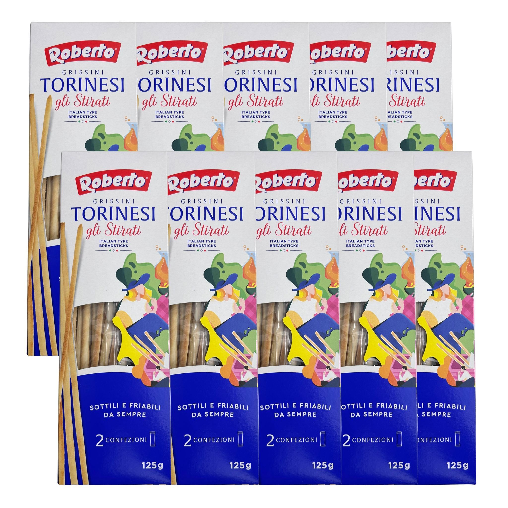 Roberto Industria Alimentare SRL Knabberei Roberto Grissini Torinesi 10x 125g, 10 x 125 g, (Beilage bei Antipasti, Dessert, Büro, Feste, Geburtstage, dünne Torinesi Stangen als Snack)