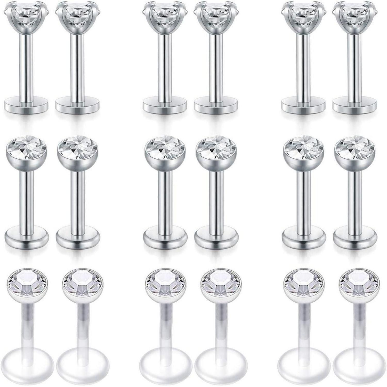 Piercing-Set Piercing 16G Tragus Helix Lippen Labret Edelstahl 18stk-6mm-silber