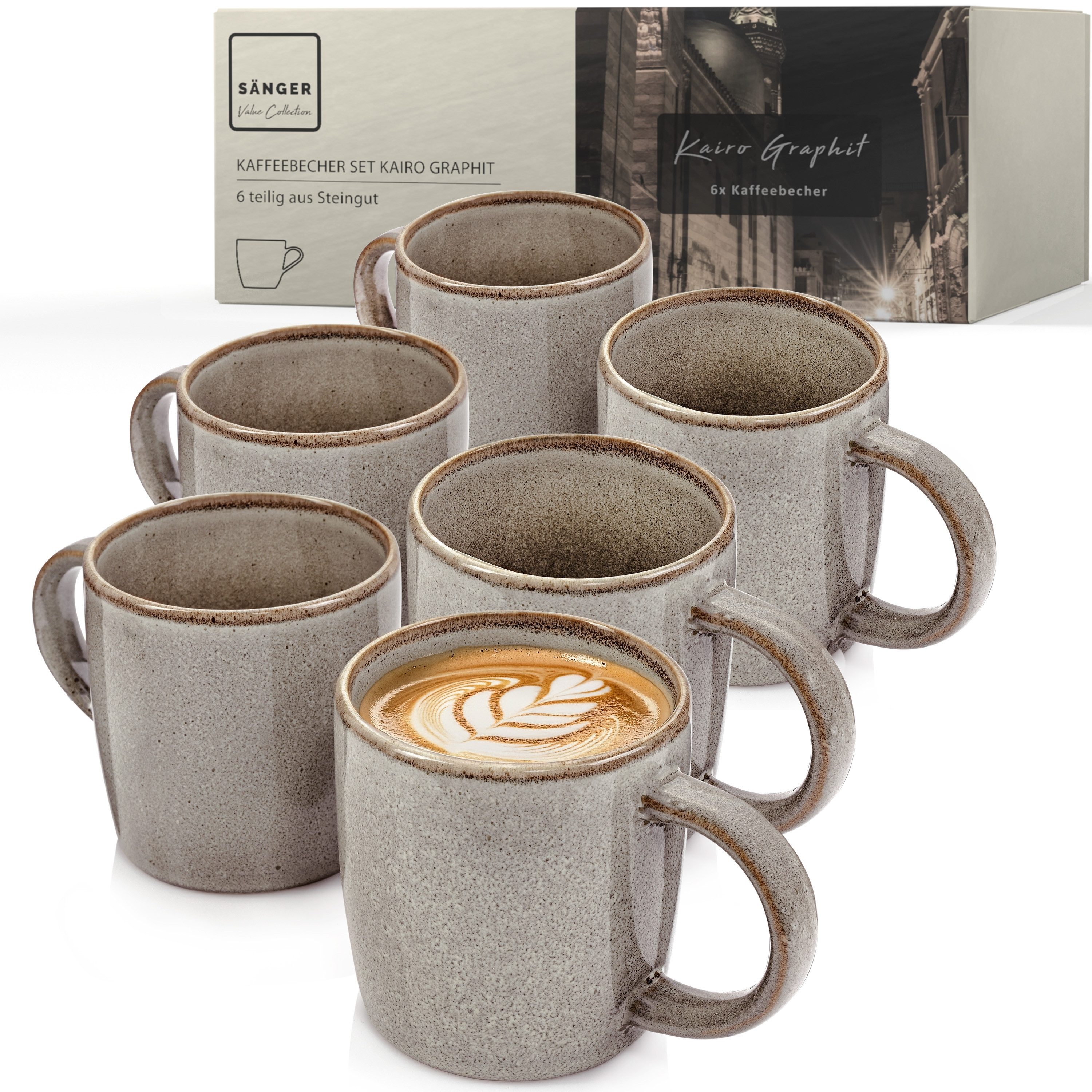 SÄNGER Becher Set Kairo, 6-tlg., Steingut, 6 tlg. Kairo Graphit Kaffeebecher, Braun, Handmade, VALUE COLLECTION