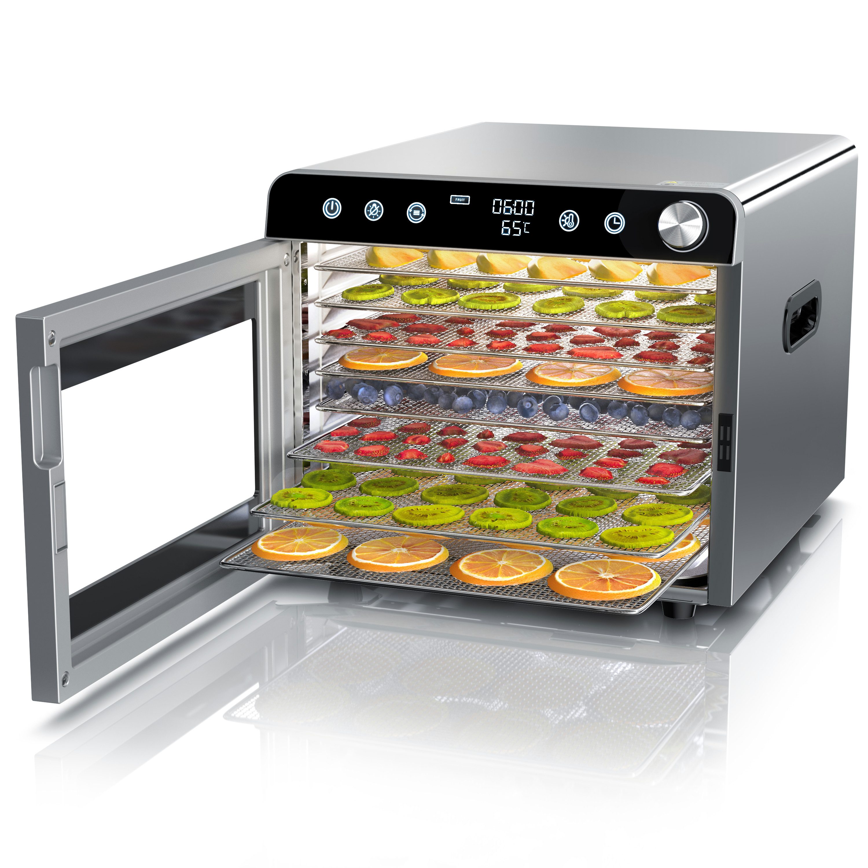 Arendo Dörrautomat Edelstahl, Temperaturregler von 30° bis 85°C, Dörrgerät, Dehydrator 700 W, 8 Etagen, Obst, Fisch, Fleisch Dörrapparat, Obsttrockner, Timer 0,5-24 Stunden