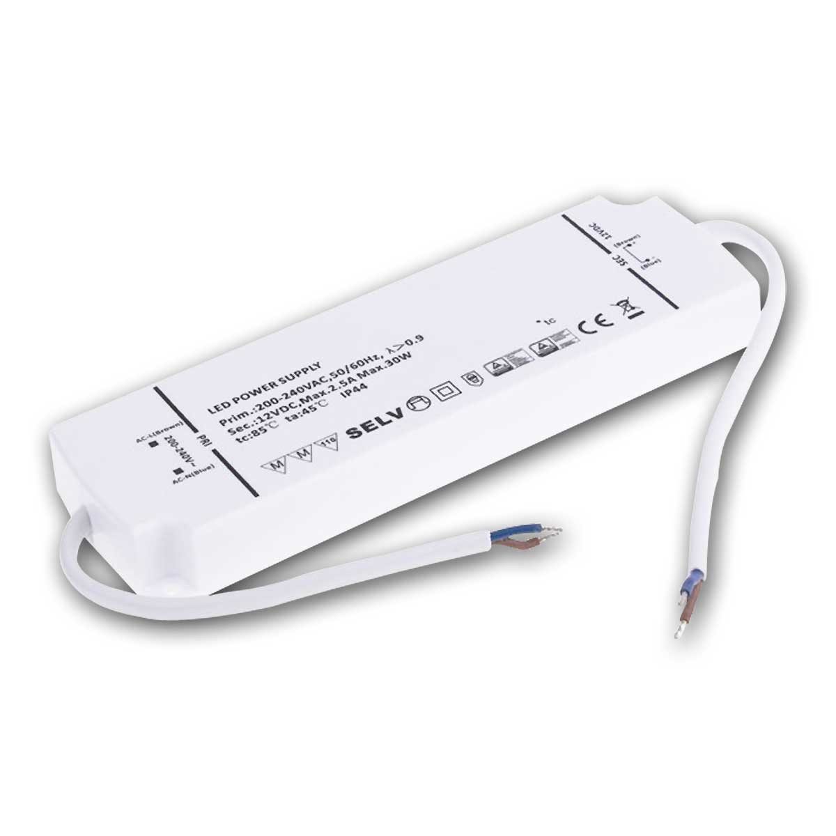 Designlight LED Trafo SLIM IP44, 12V DC 30W, 2x 15cm Kabel LED Trafo
