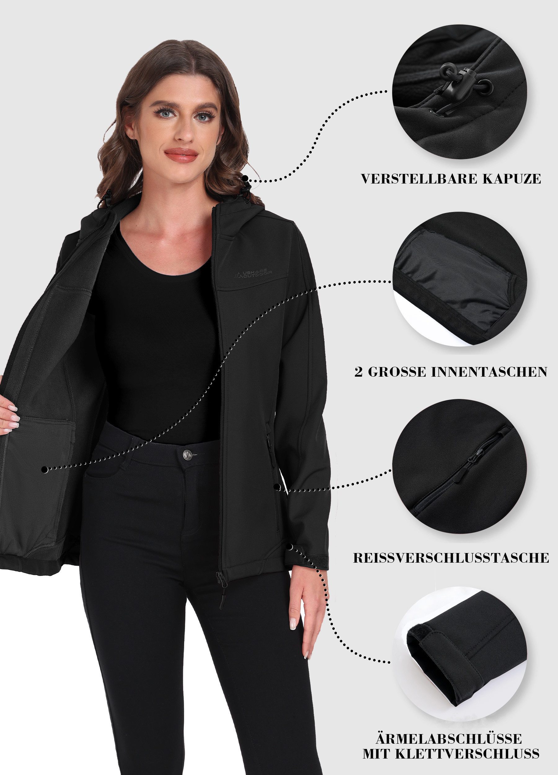 ATLASLAVA Softshelljacke Damen Wasserdichte Übergangsjacke Atmungsaktive Regenjacke Winddichte Jacke Gefüttert Kapuze für Outdoor Wandern – Bild 4 von 5