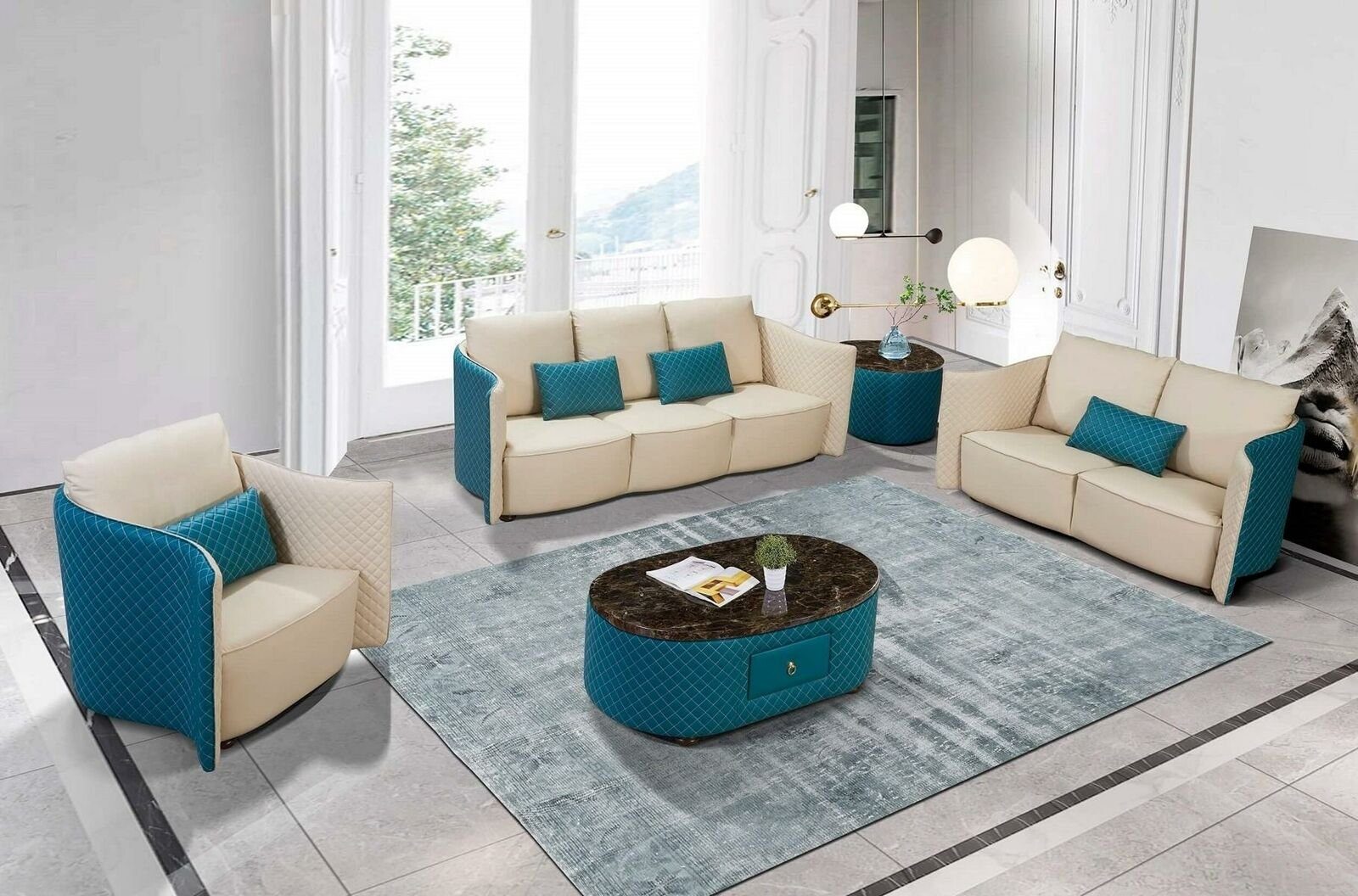 Wohnzimmer-Set Weiß/Blau Garnituren 5tlg. (5-St) Garnitur Couchtisch Tisch, Sofa JVmoebel Couch Polster Leder