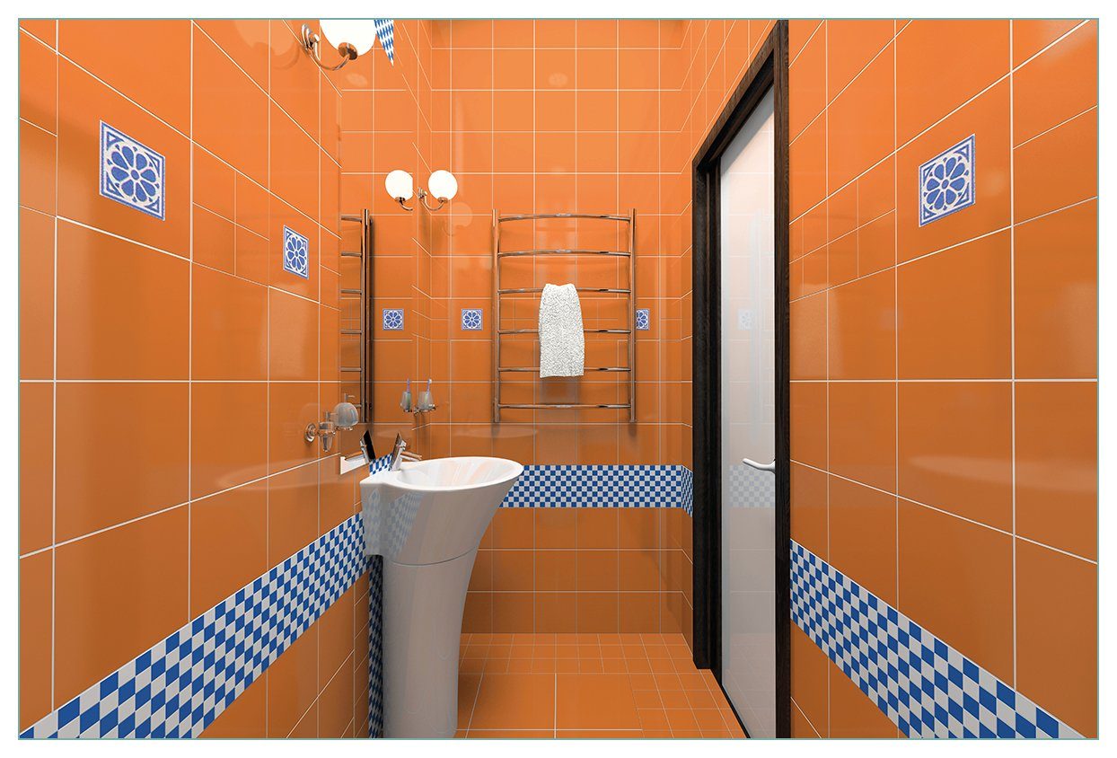Wallario Küchenrückwand Modernes Badezimmer in orange mit blauen Fliesen, (1-tlg)
