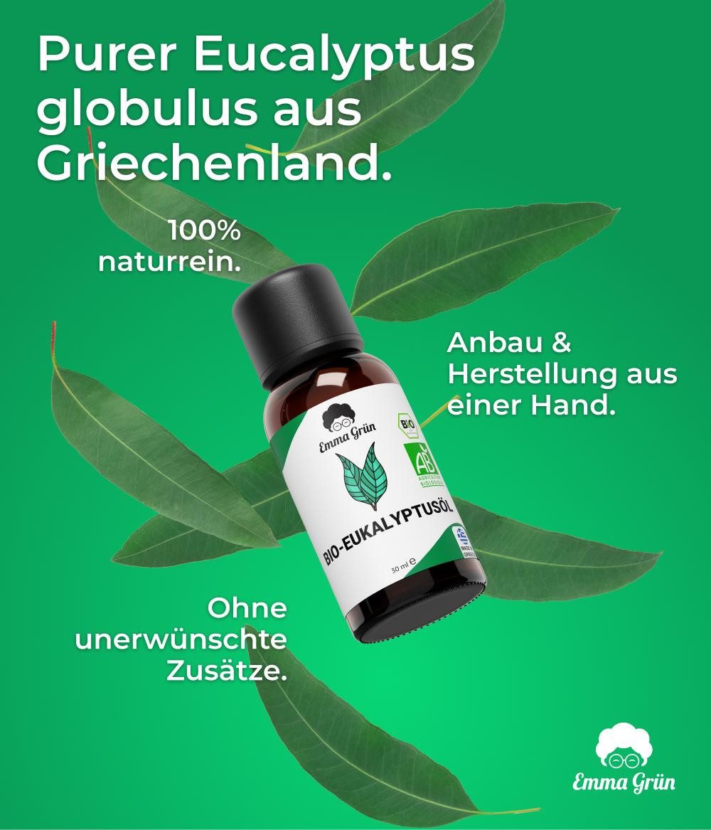 Emma Grün Duftöl Bio Eukalyptus, ätherisch, naturrein & hochdosiert (Set, Je nach Auswahl: 1x, 2x oder 5x Bio Eukalyptusöl 30 ml), Höchste Bio-Zertifizierung als Lebensmittel, naturrein & ohne Zusätze