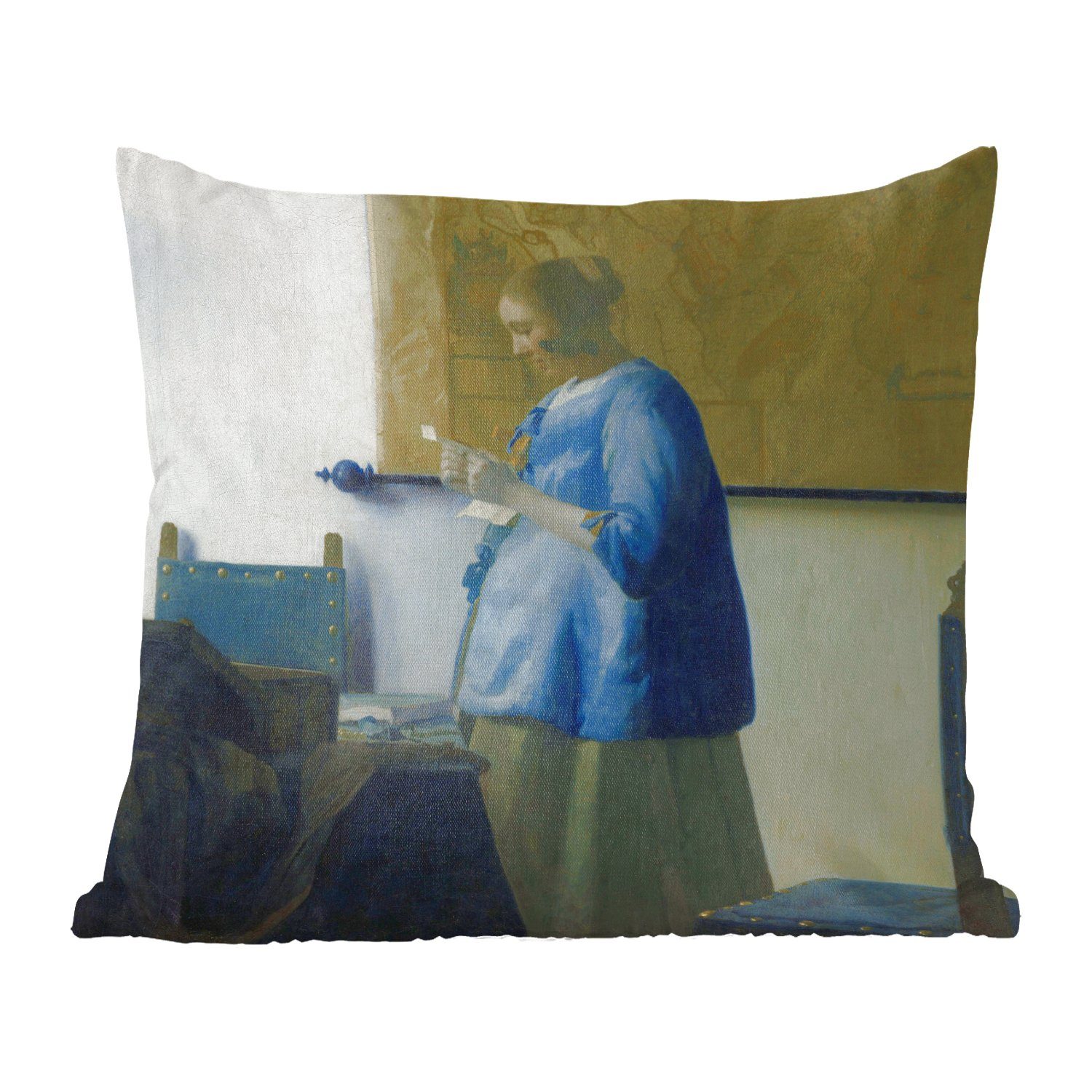 MuchoWow Dekokissen Frau in Blau liest einen Brief - Gemälde von Johannes Vermeer, Zierkissen mit Füllung für Wohzimmer, Schlafzimmer, Deko, Sofakissen