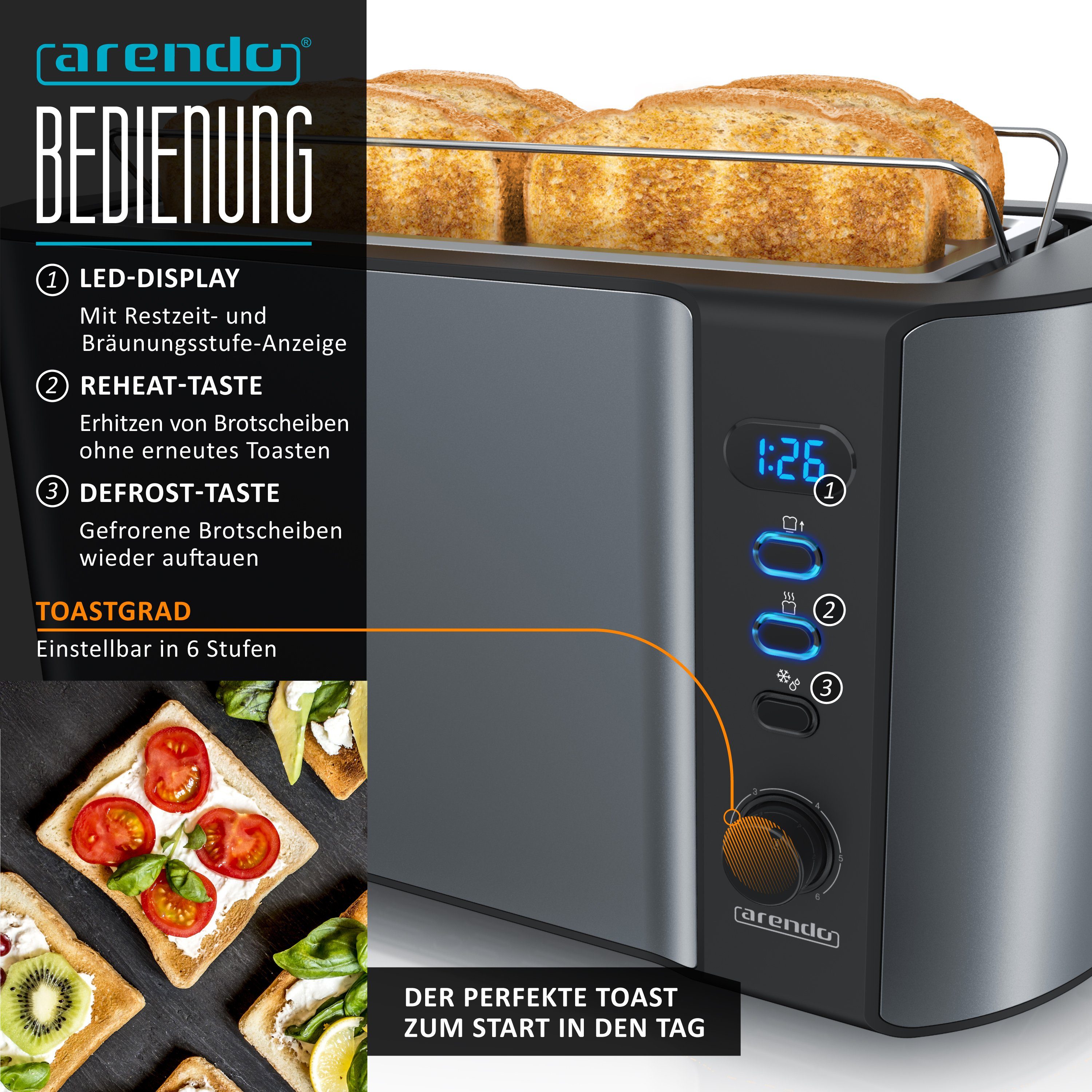 Arendo Frühstücks-Set 4-Scheiben Langschlitz Toaster, 6er Eierkocher, Cool Grey (2-tlg), LED-Display, 6 Bräunungsgrade, Brötchenhalter, 1-6 Eier, Messbecher