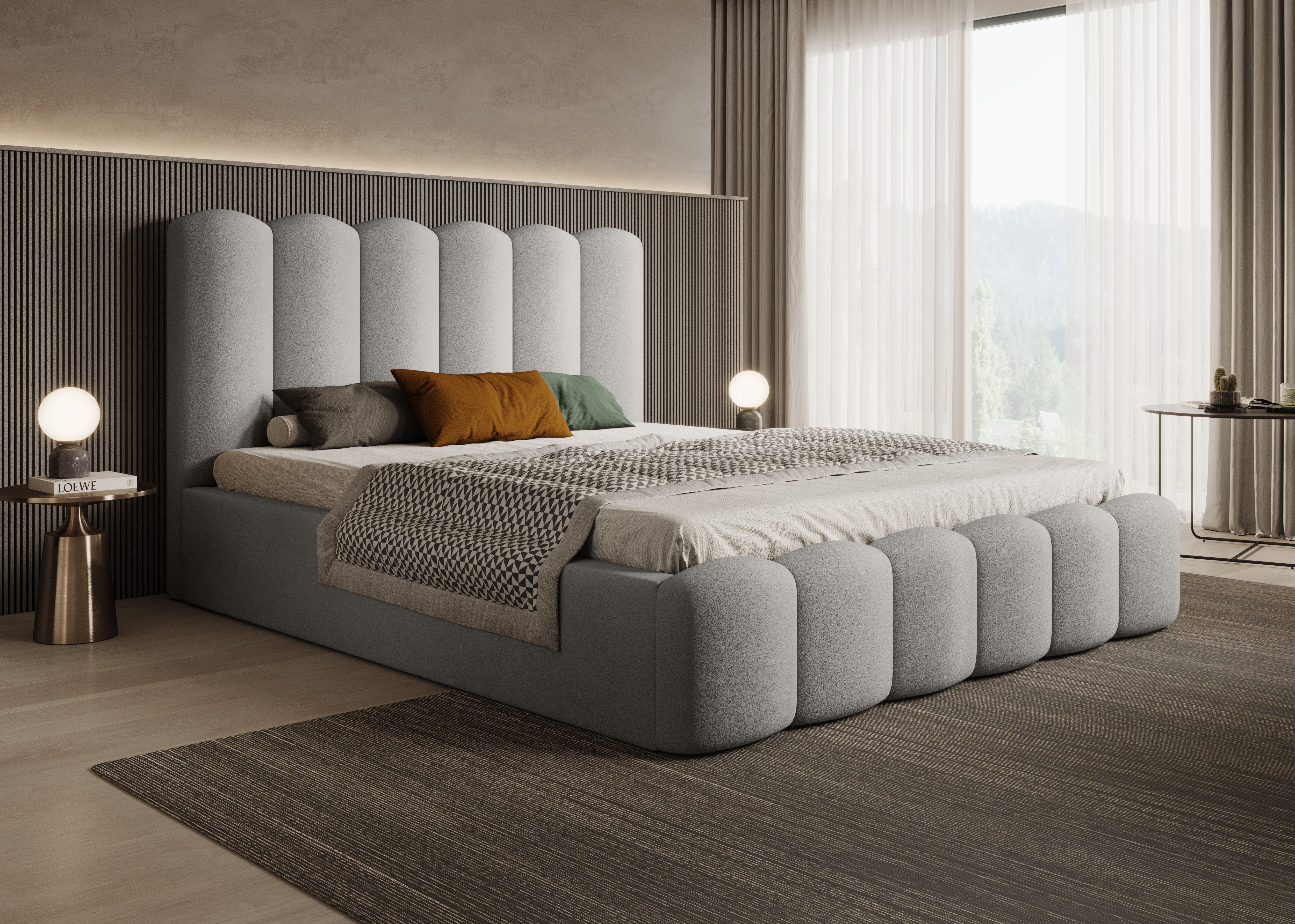 Goldstoff Polsterbett mit Bettkasten - LOFT inkl. Lattenrost und hohem Kopfteil (140x200 160x200 180x200 200x200cm - mit gepolstertem Kopfteil, Doppelbett - Designerbett - Wolkenbett), Erhältlich in 4 Größen