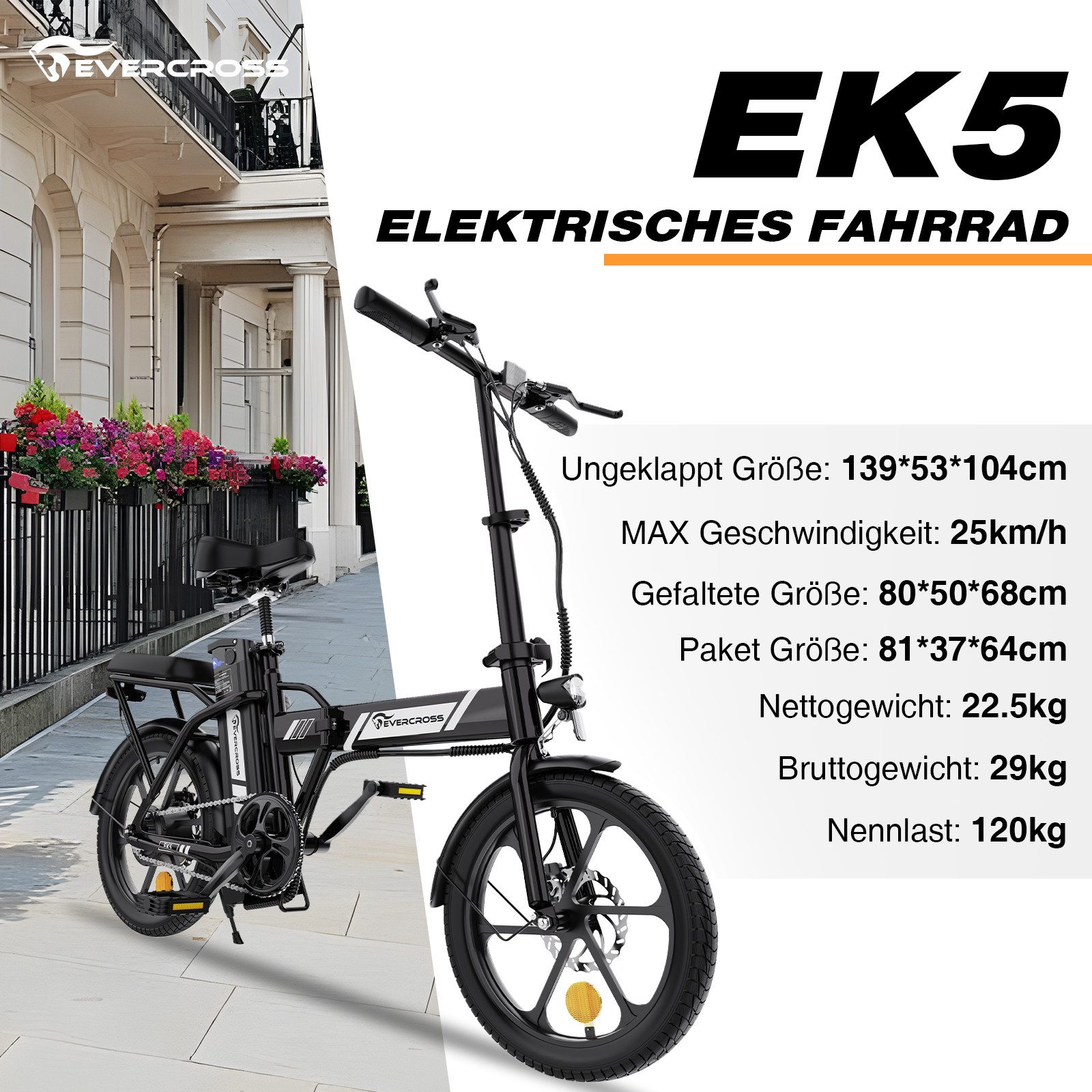 EVERCROSS TECH E-Bike EK5 Faltbares E-Fahrrad,Pedelec, 36V 13AH, Heckmotor, 468 Wh, Heckmotor, 15/20/25 KM/H, bis 35-60km, ebike Herren/Damen