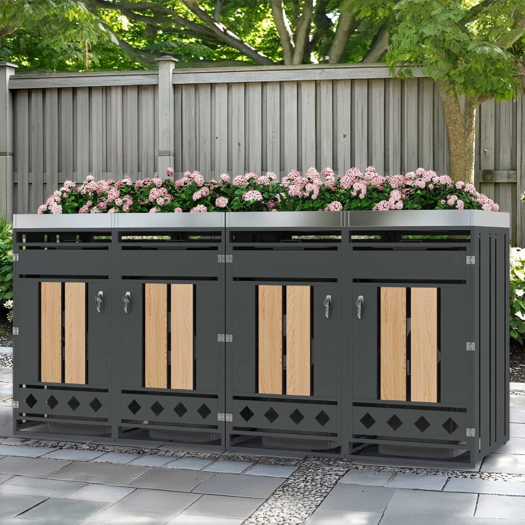 Merax Mülltonnenbox Abschließbar Müllcontainer mit Pflanzfläche & Belüftungslöchern (Wetterfest & Belüftet, verzinktes Blech, 2 St., Für Garten, Hof & Außenbereich), 2 Fächer Mülltonnenverkleidung mit Holzoptik Türen