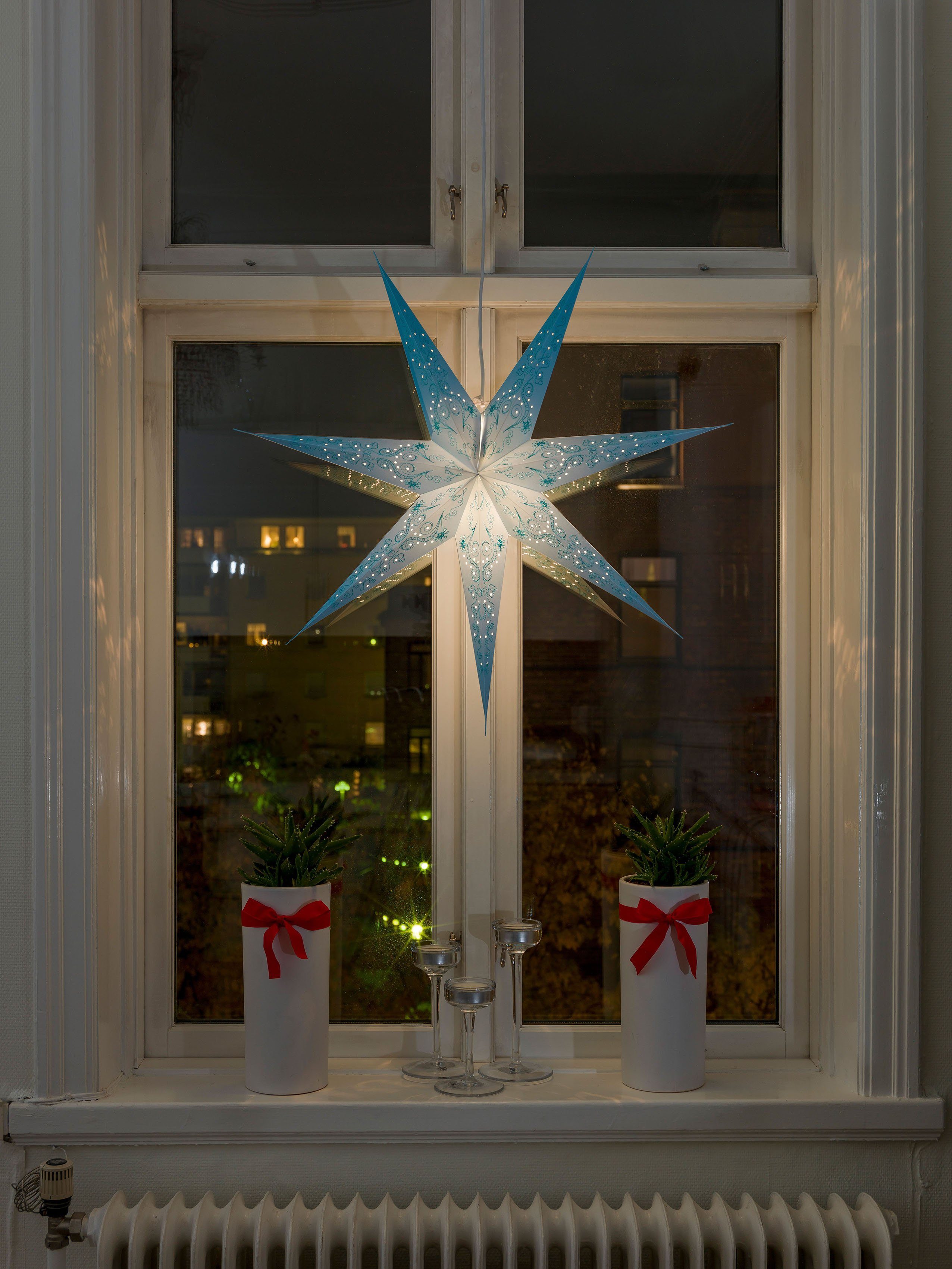 KONSTSMIDE Dekostern Stern, LED und St., 1 perforiert Weihnachtsstern, Zacken bestickt, Weihnachtsdeko, 7 Papierstern, blau