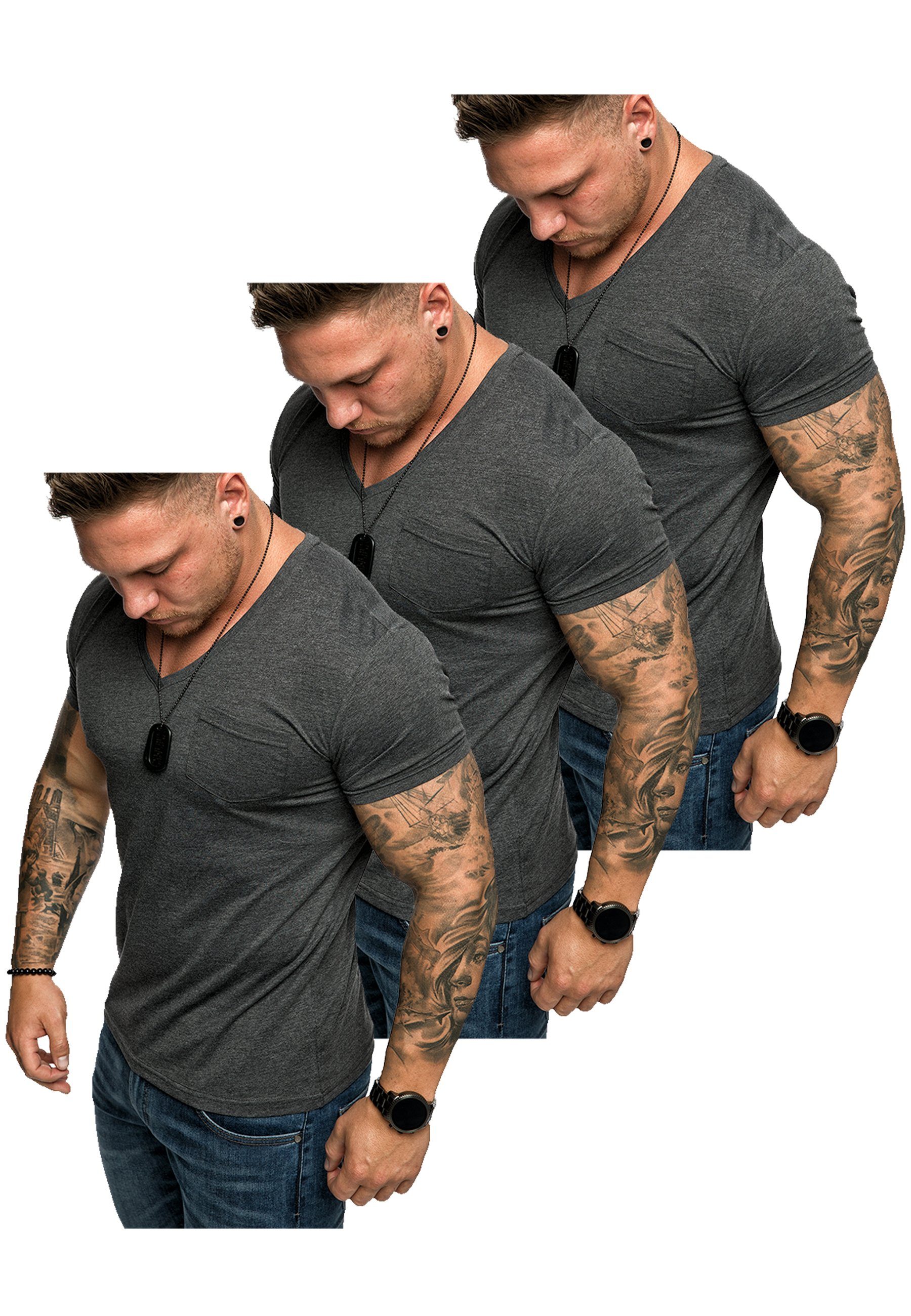 Herren T-Shirt mit T-Shirts 3. V-Ausschnitt Oversize T-Shirt Amaci&Sons Anthrazit) (3x Basic PATERSON (3er-Pack) 3er-Pack Herren