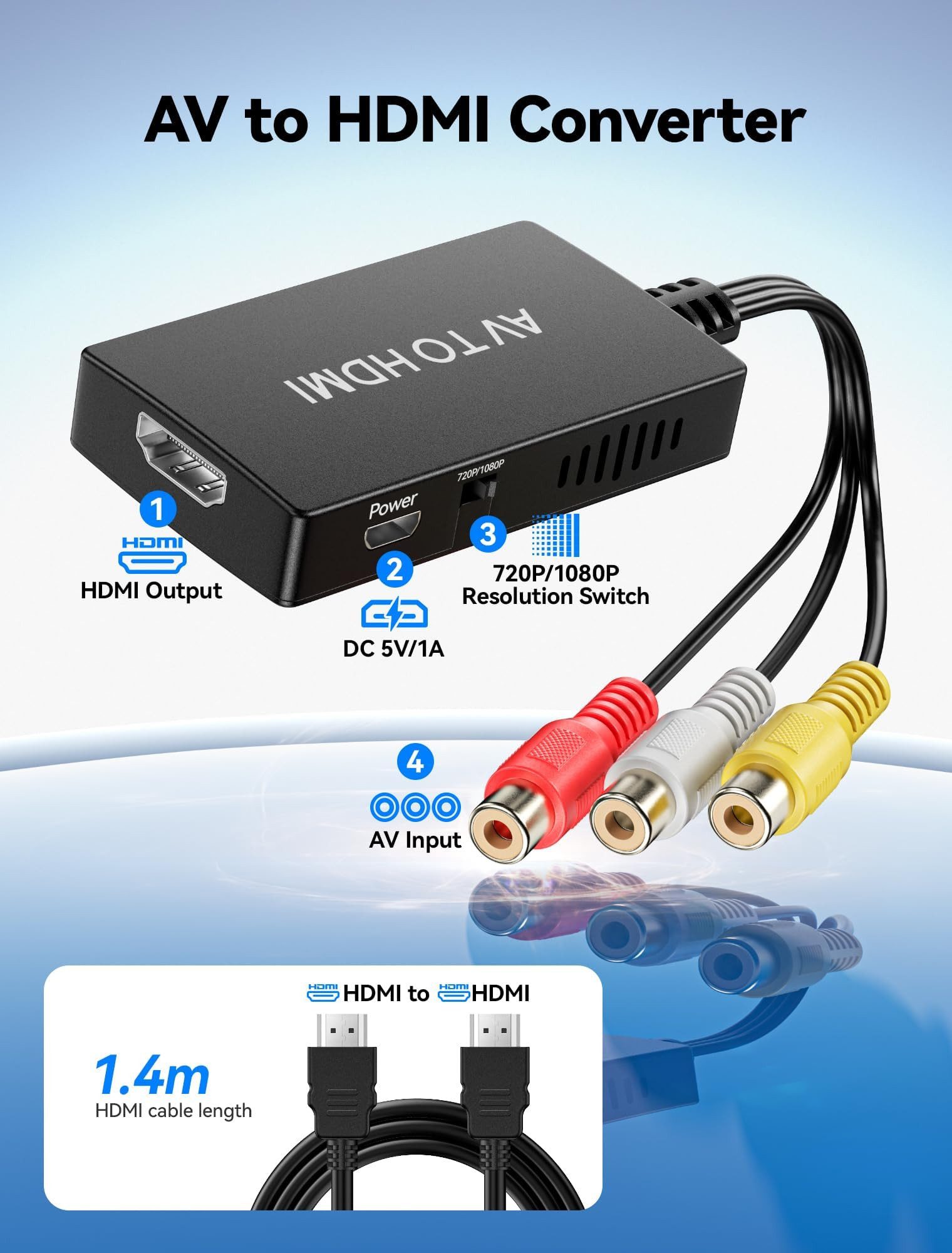 Bundviel AV zu HDMI Adapter,1080P Composite CVBS AV zu HDMI Video Audio HDMI-Adapter zu RCA, HDMI