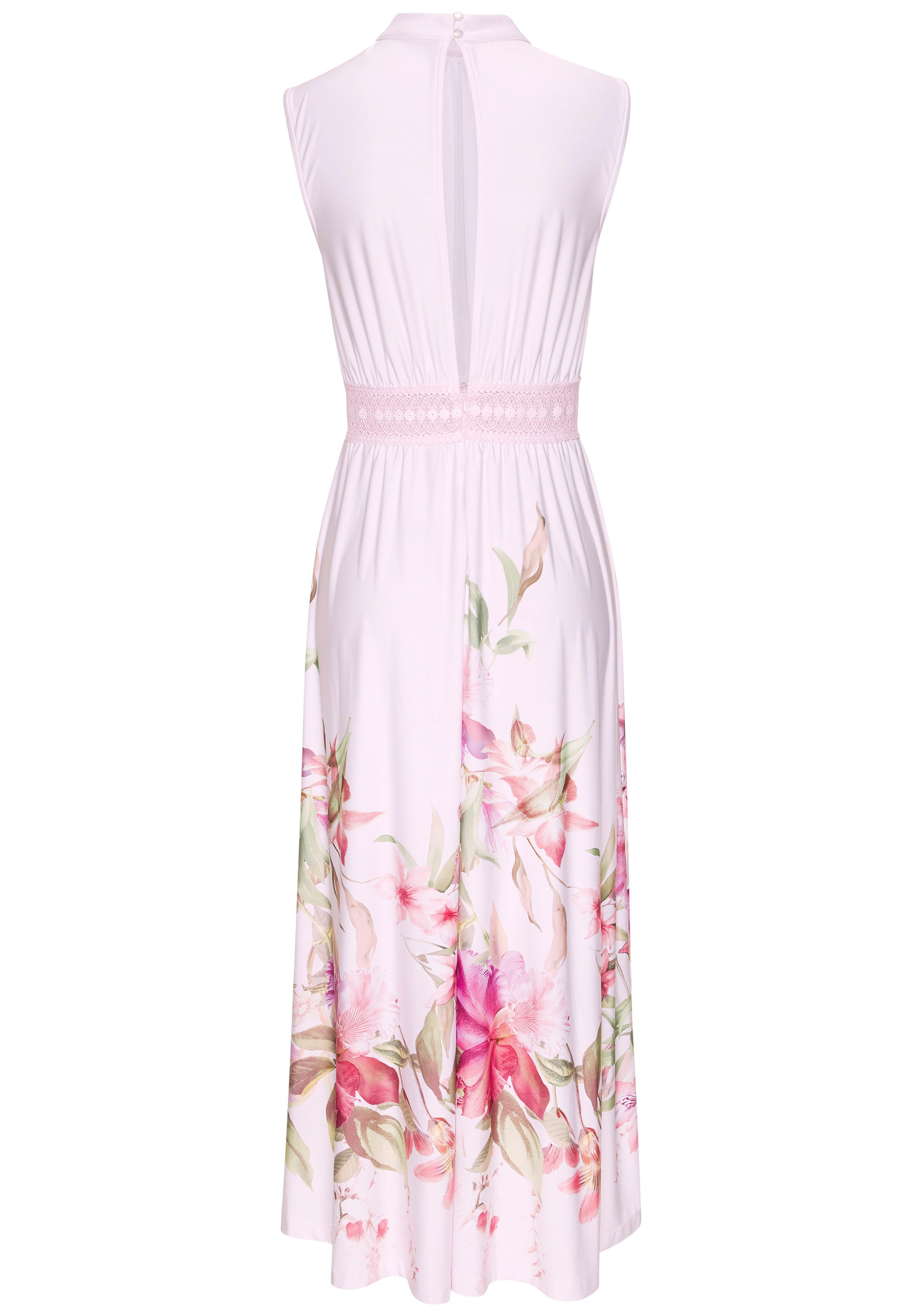 LASCANA Maxikleid aus glatter bügelfreier Ware mit Blumendruck, Sommerkleid mit Spitzeneinsatz, Jerseykleid, festlich. € 59,99