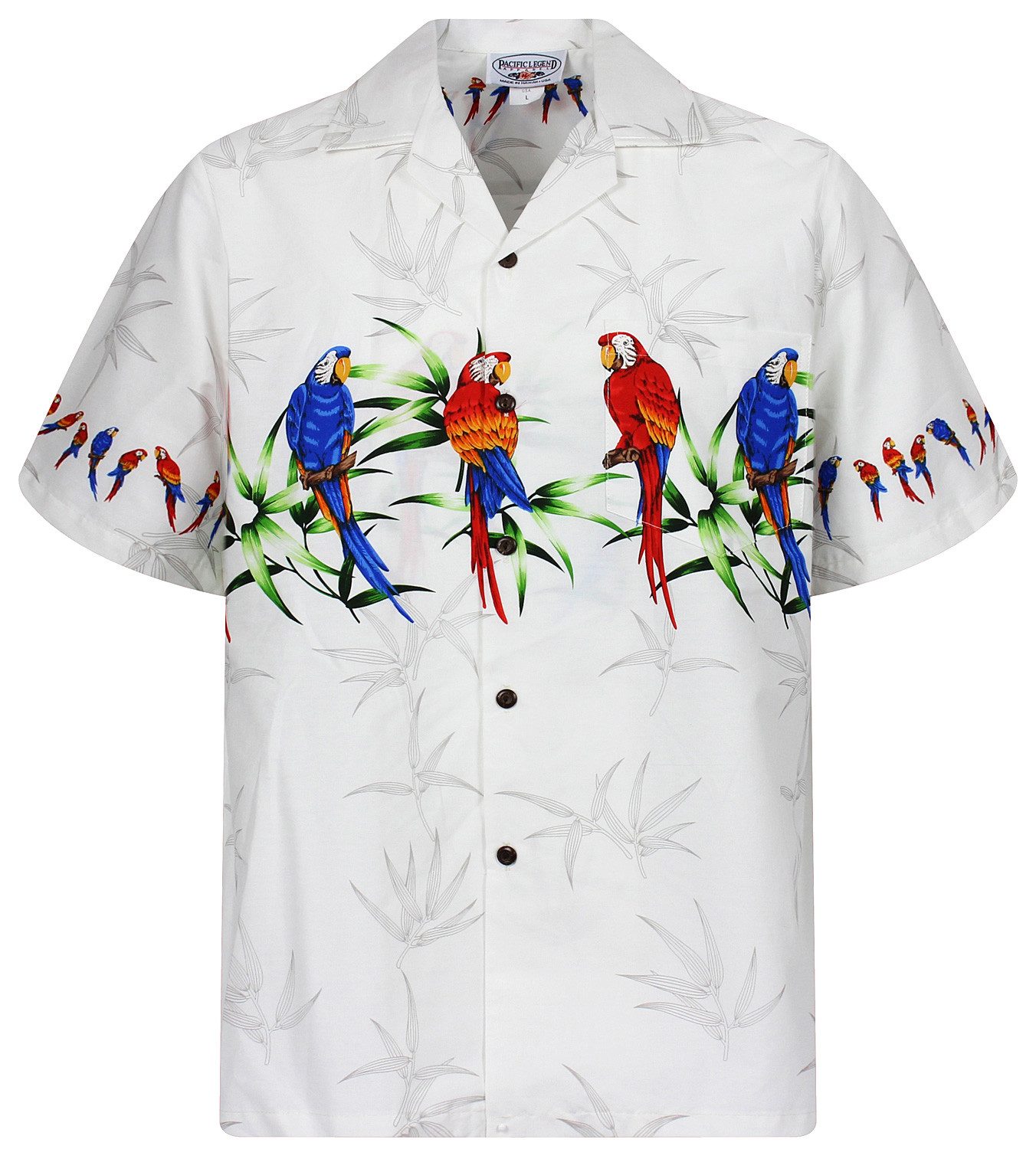 Pacific Legend Hawaiihemd "Papagei Brustdruck" Herren Kurzarm Kokosknöpfe Original Hawaii