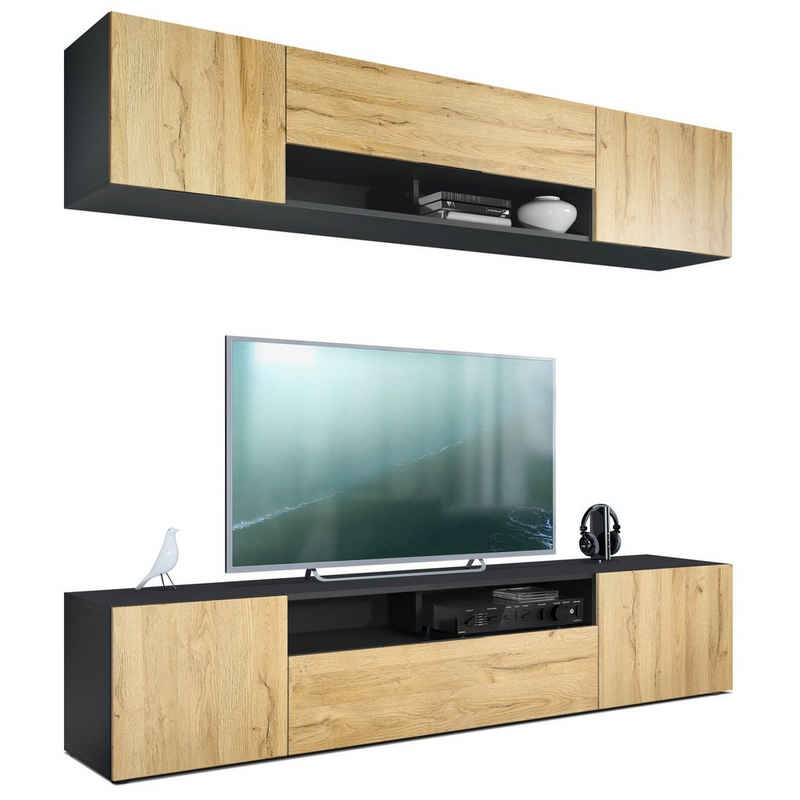 Vladon Wohnwand Mogan, (Anbauwand bestehend aus 2 TV-Boards, 2-St., mit jeweils 2 Türen, 1 Klappe und 1 offenes Fach), Schwarz matt/Eiche Natur 2x (181 x 39 x 35 cm)