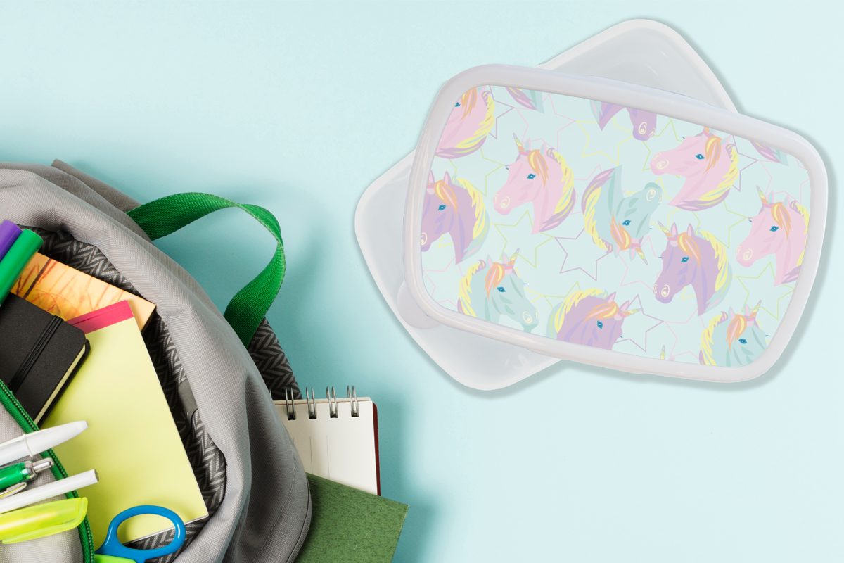 MuchoWow Lunchbox Einhorn - Sterne Kinder Erwachsene, Brotdose, Mädchen - und Kunststoff, (2-tlg), und Muster, weiß für für Jungs Brotbox