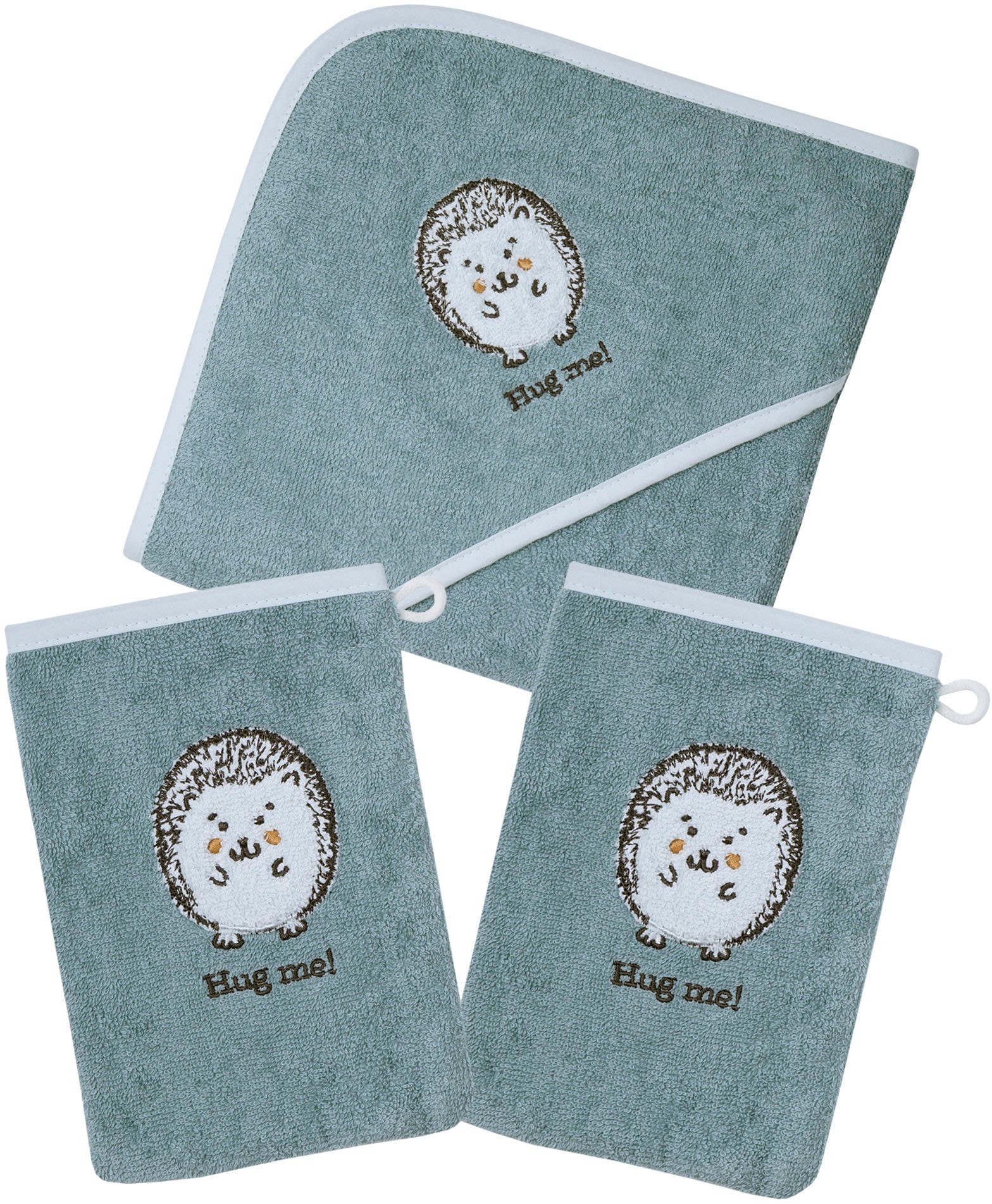 Wörner Handtuch Set Igel blau Kapuzenbadetuch mit 2 Waschhandschuhen, Frottier (Spar-Set, 3-St), mit süßer Igelstickerei