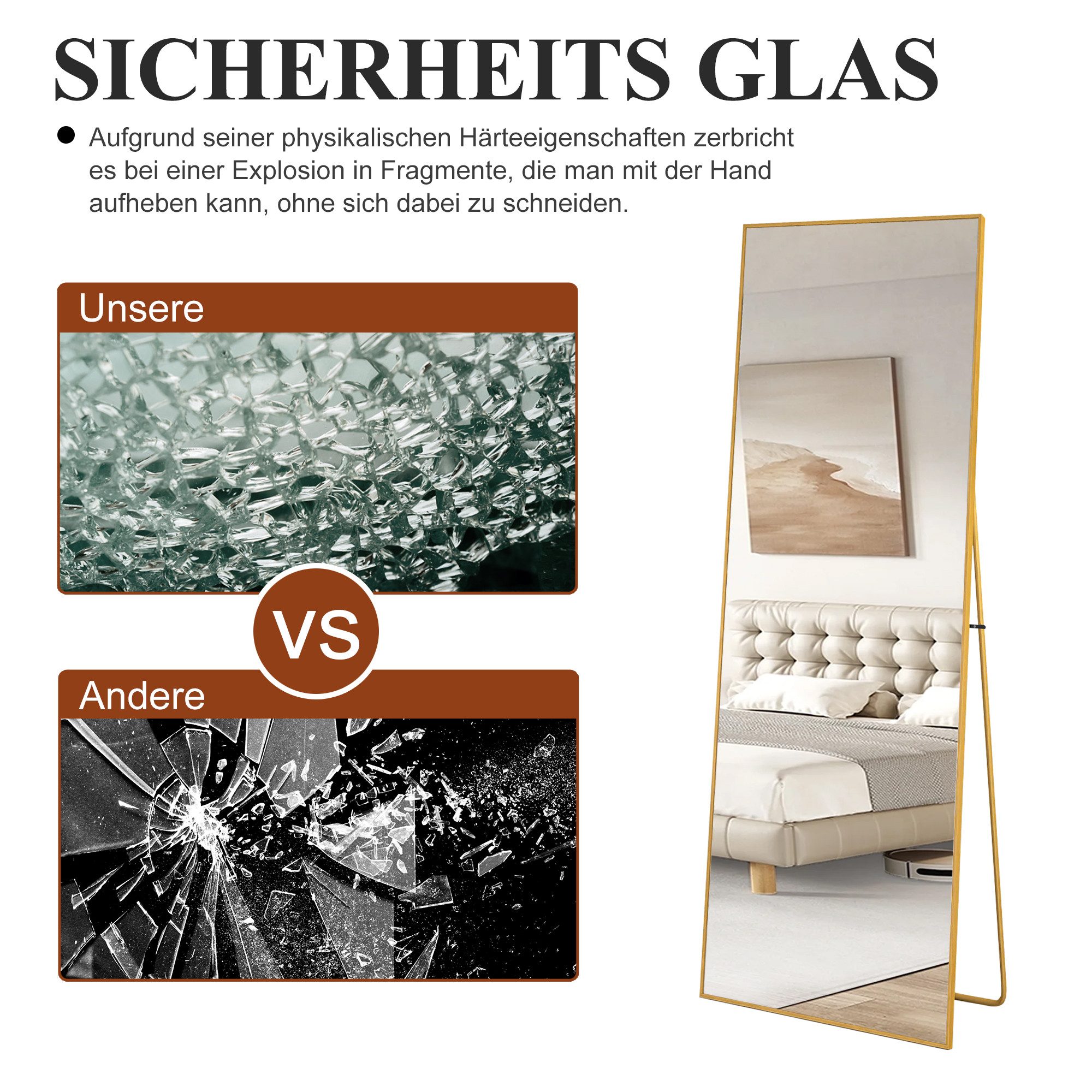 zebery Ganzkörperspiegel Großer Standspiegel mit Metallrahmen und verstärktem Glas (Set, 1-St., HD-Spiegelung), Gold