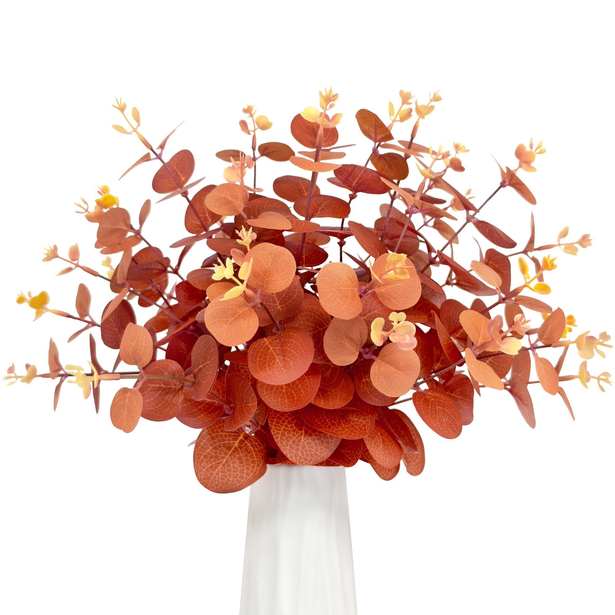 Kunstblume 30 Stück Künstliche Eukalyptus-Zweige, Herbstliche Dekozweige, FOUORTUNATE-BEE, mit orangefarbenen Blättern, Kunstblumen für Herbstdekoration