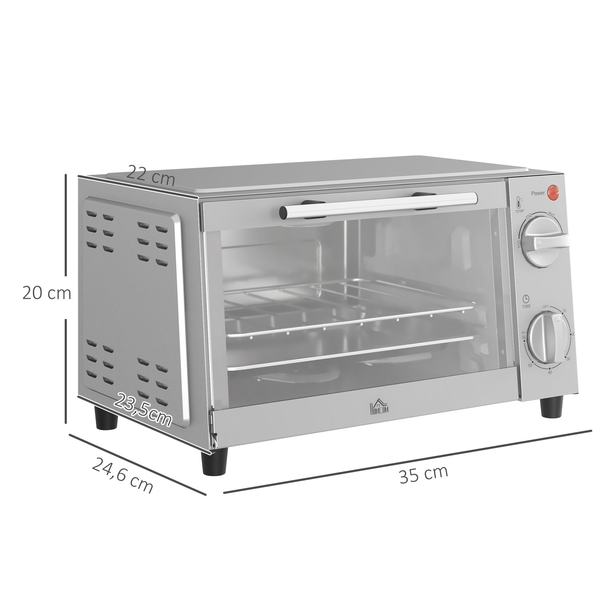HOMCOM Minibackofen 9 L, 750W, mit Backblech, Grillrost, Temperaturbereich bis 230°C, zum Grillen, Backen, Toasten, Silber