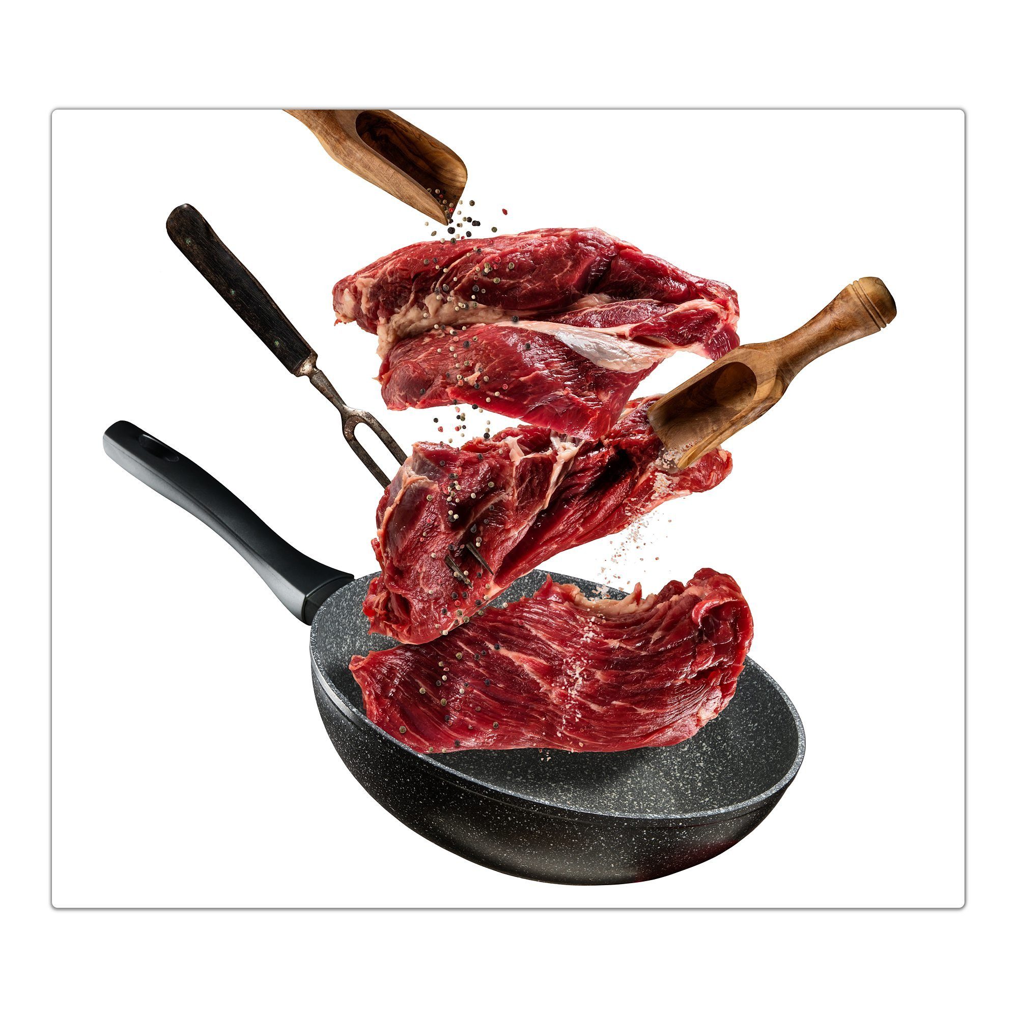 (1 Herdabdeckplatte auf Steak Spritzschutz Glas, Glas Herd-Abdeckplatte aus Primedeco tlg) Pfanne,