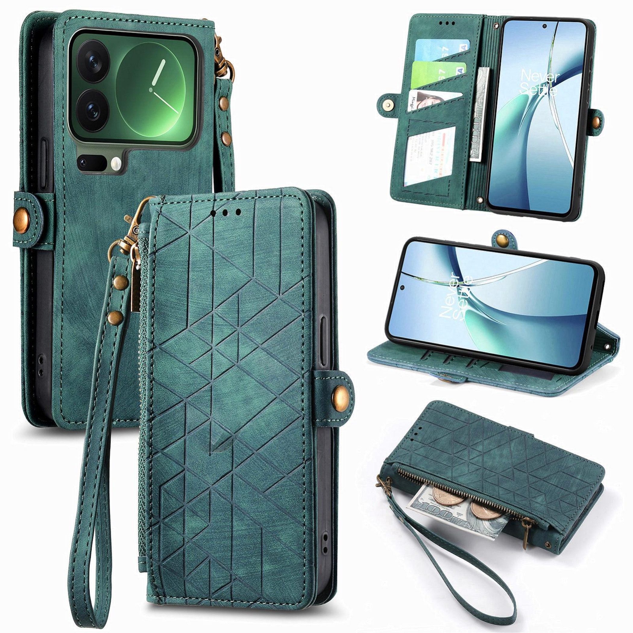 Wigento Handyhülle Für Xiaomi 17 Pro Max Geometric Kunstleder Zipper Book Hülle Grün, Kartenfächer, Reißverschlussfach, Standfunktion