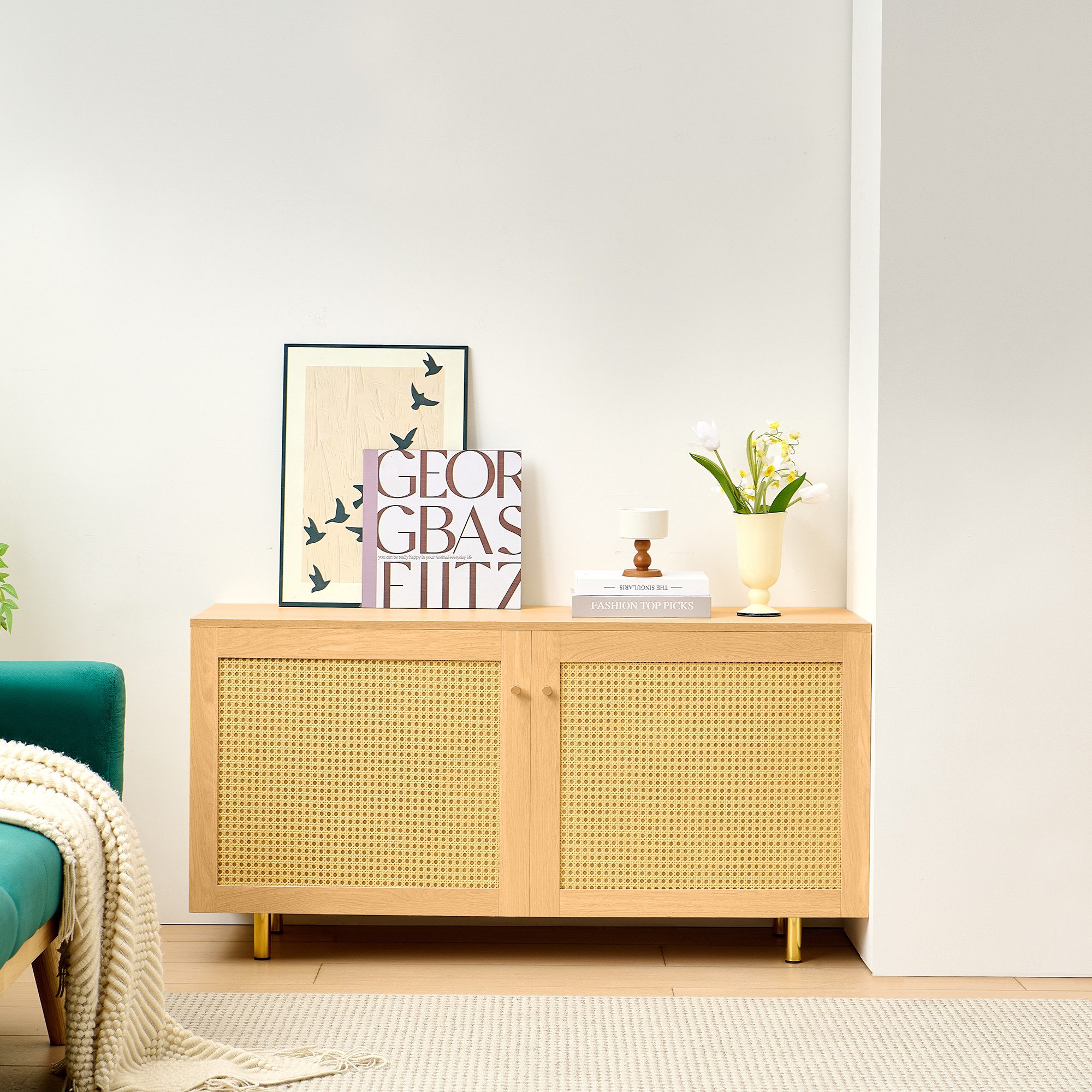 Luckice Sideboard Doppeltüriger Aufbewahrungsschrank mit Rattan-Tür (Goldenen Beinen, Holzoptik Sideboard für Wohnzimmer)