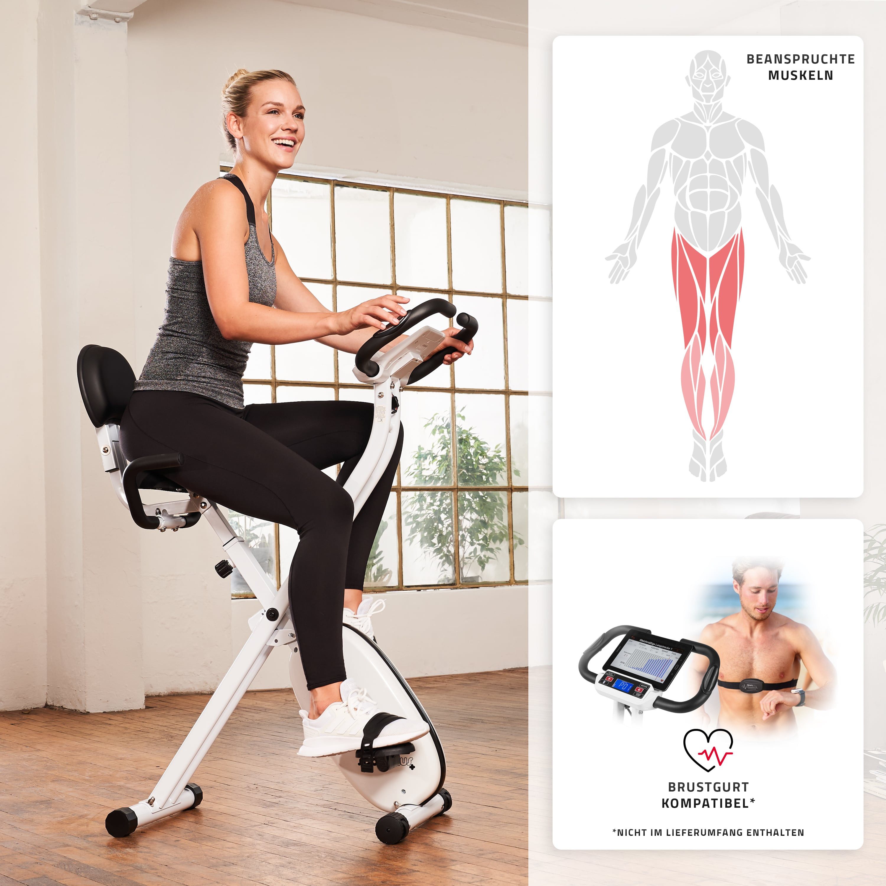 SportPlus Heimtrainer SP-HT-1400-W-iE, X-Bike, klappbar, 24 Widerstandsstufen, 9 Trainingsprogramme