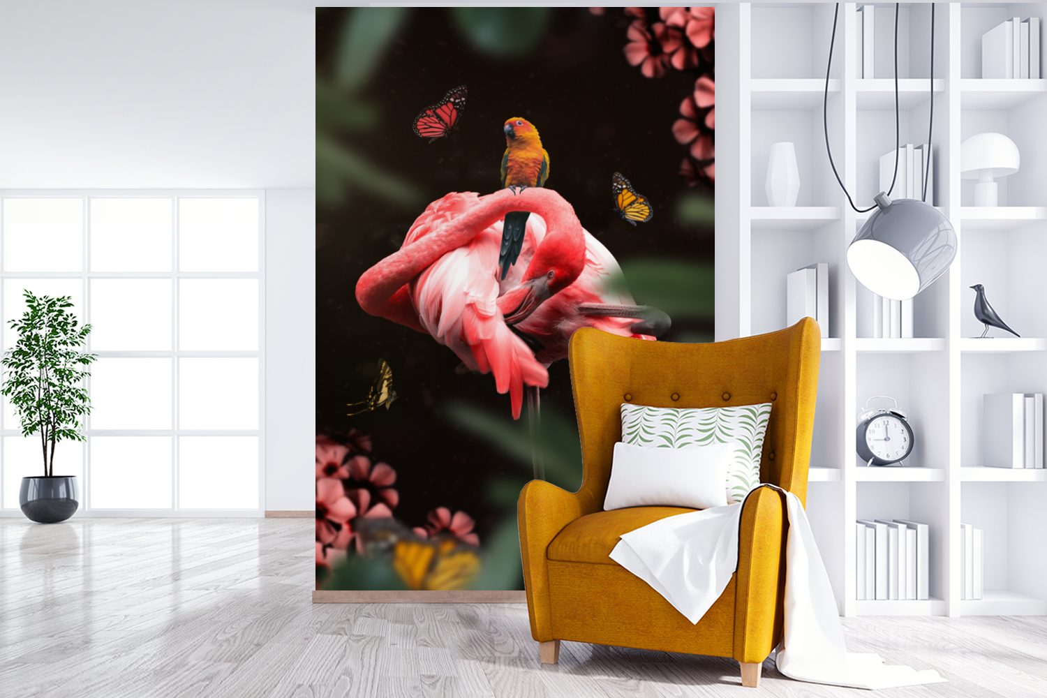 Vinyl Wandtapete Flamingo Wohnzimmer, St), - Dschungel - MuchoWow Schmetterling, (3 Matt, Papagei für Fototapete - bedruckt, Montagefertig Tapete