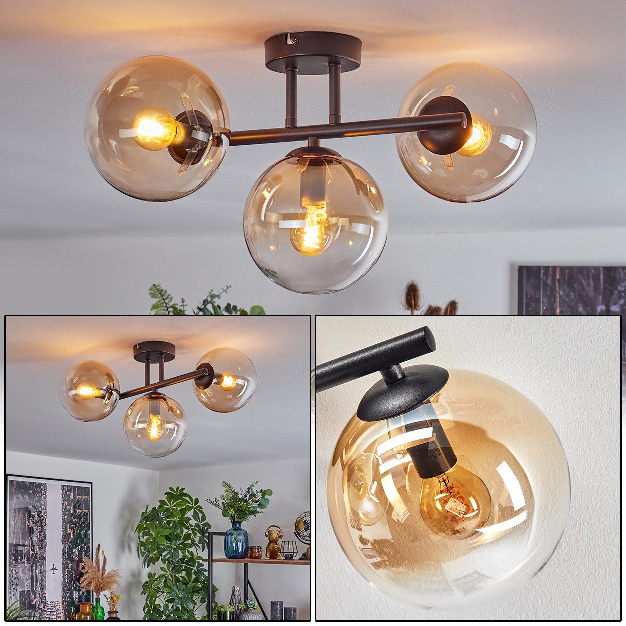 hofstein Deckenleuchte Deckenlampe aus Metall/Glas in Schwarz/Bernsteinfarb günstig online kaufen