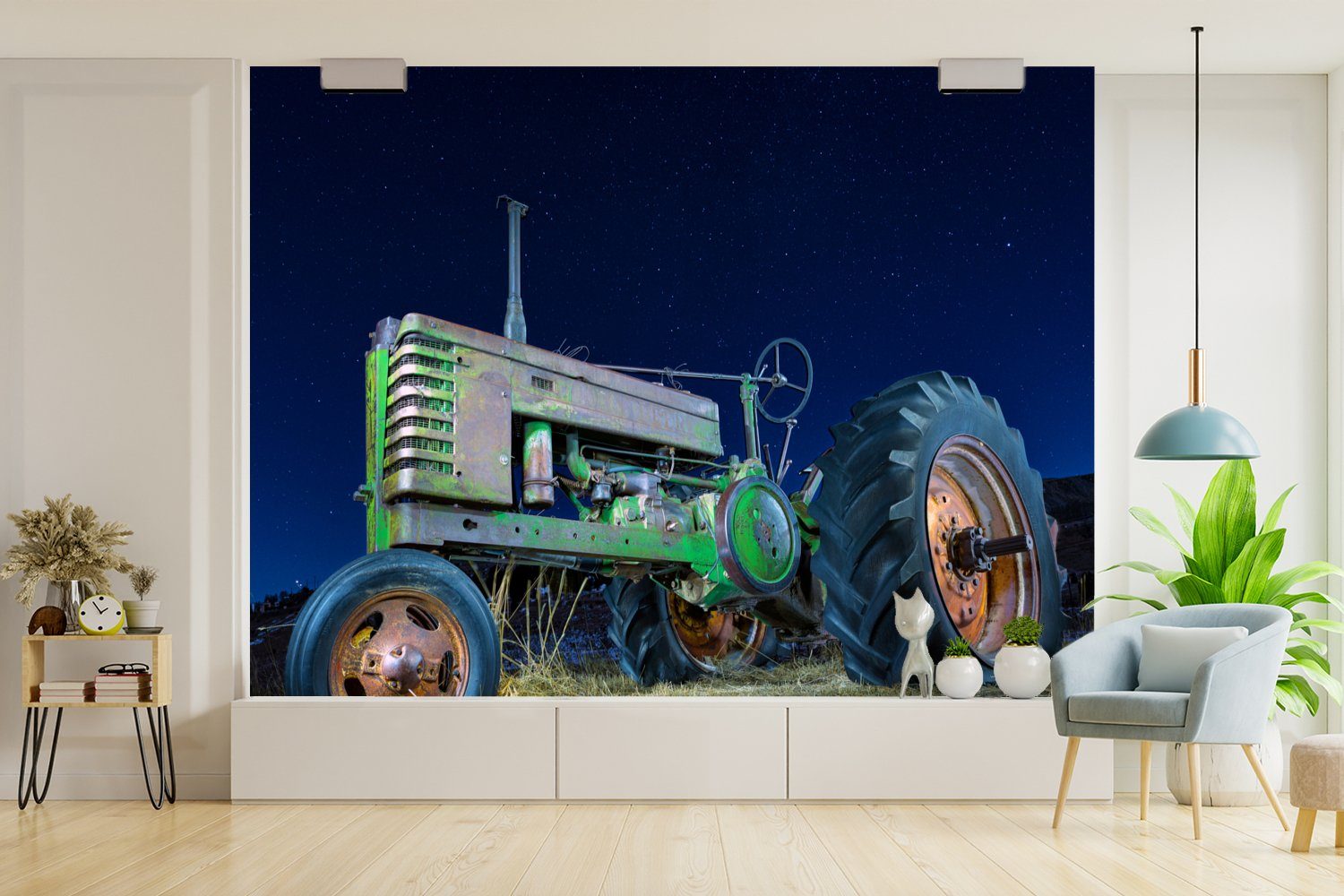 Nacht, Tapete Schlafzimmer, - - Wohnzimmer, Kinderzimmer, - Traktor Grün Sternenhimmel - St), Fototapete (6 Matt, Bauernhof Vinyl MuchoWow bedruckt, Wallpaper für