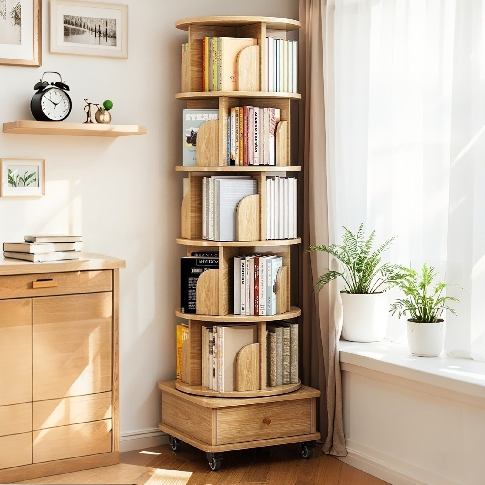 Luckice Bücherregal 6 StöCkiges Drehregal, 360° Drehbares Rundregal mit Rollen, Set, Platzsparendes Drehregal füR Kleine RäUme