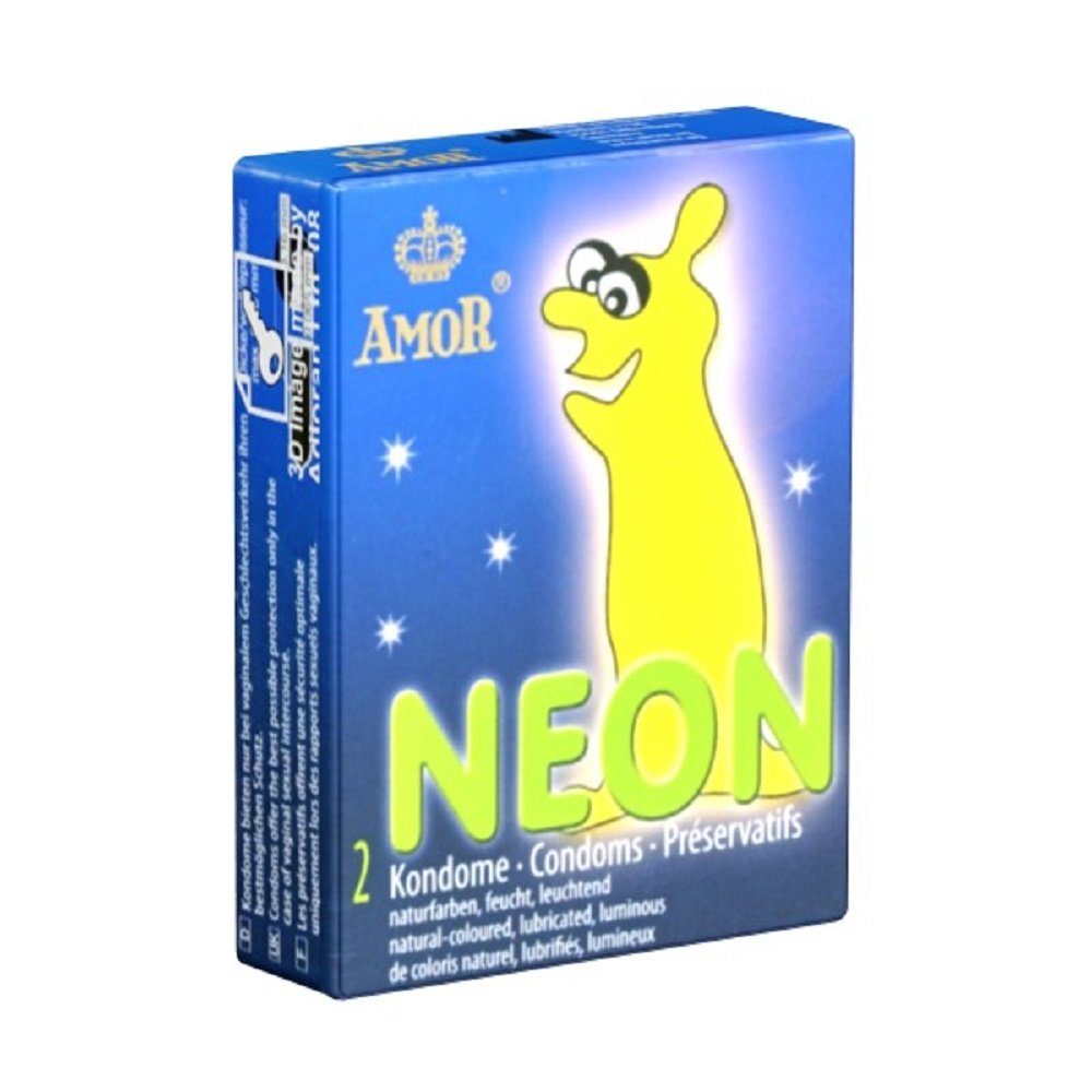 Amor Kondome Neon Packung mit, 2 St., Leuchtkondome für fluoreszierendes Vergnügen, fluoreszierende Kondome, leuchten im Dunkeln