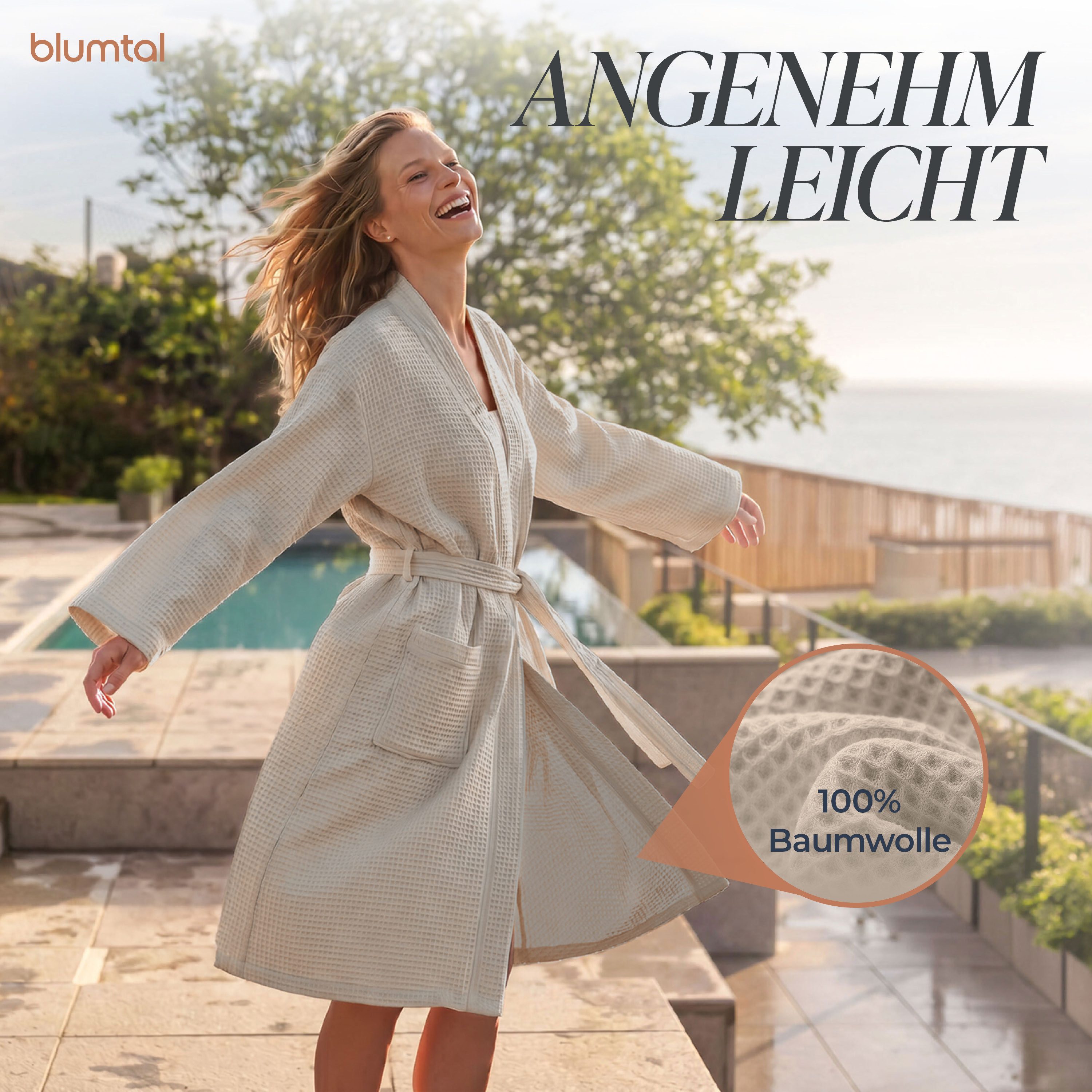 Blumtal Bademantel Waffelpique - Unisex Bademantel - Zertifizierter Bademantel, 2 Außentaschen, mit Reißverschlusstasche, Damen & Herren - Saunamantel inkl. Rei – Bild 2 von 5
